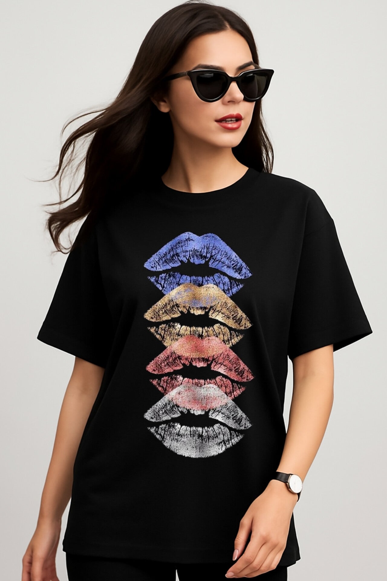"Lips" Black Down shoulder Tees