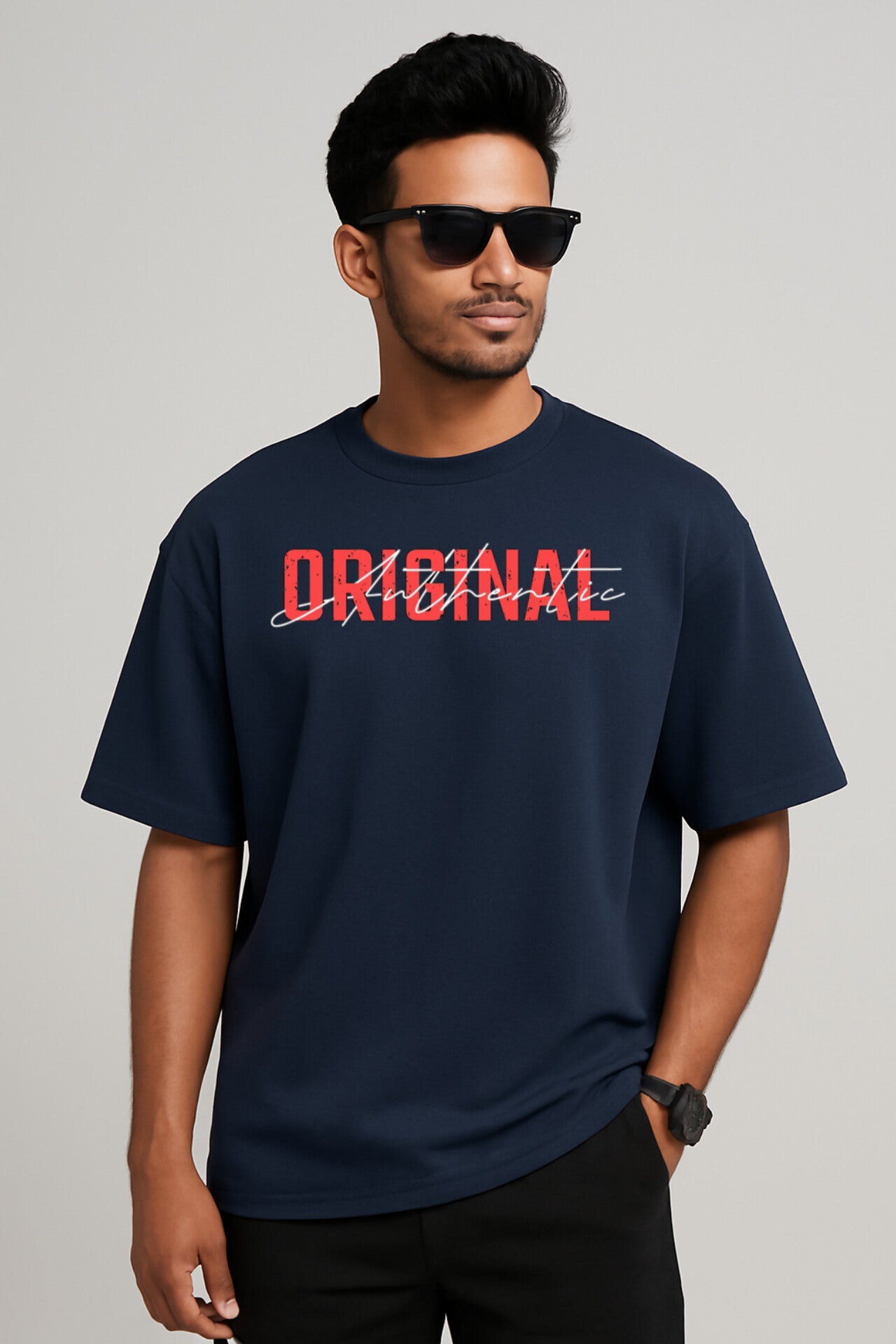 "Original Authentic" Navy Blue Down Shoulder Tees