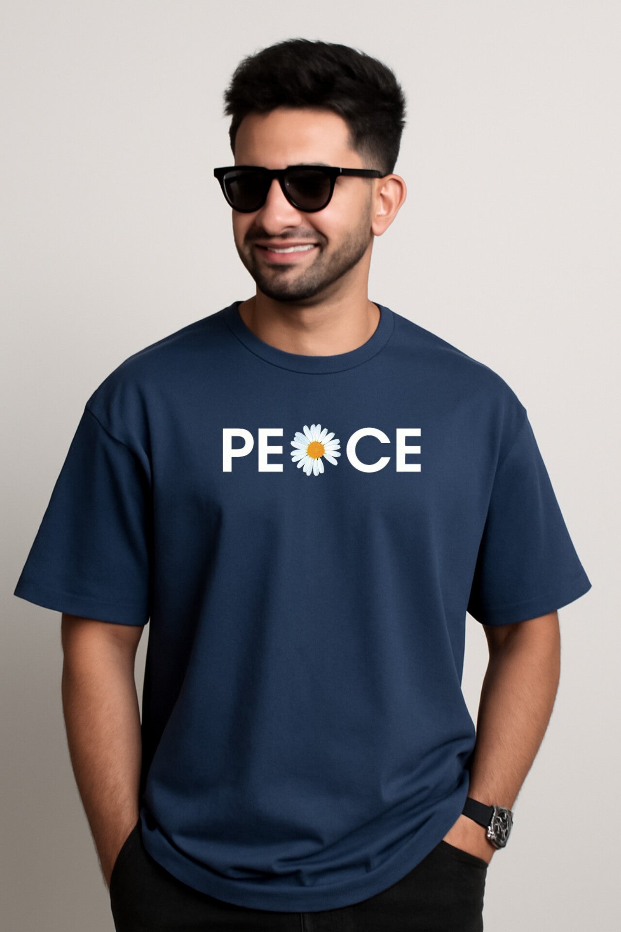 "Peace" Navy Blue Down Shoulder Tees