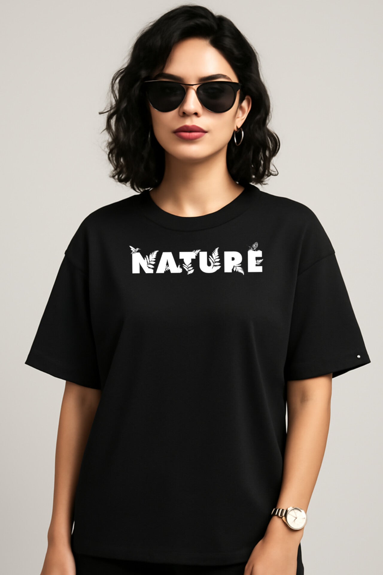 "NATURE" Black Down shoulder Tees