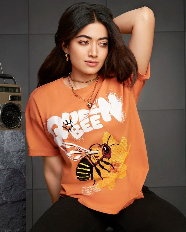 Women's Orange Queen Bee Graphic Printed Oversized T-shirt