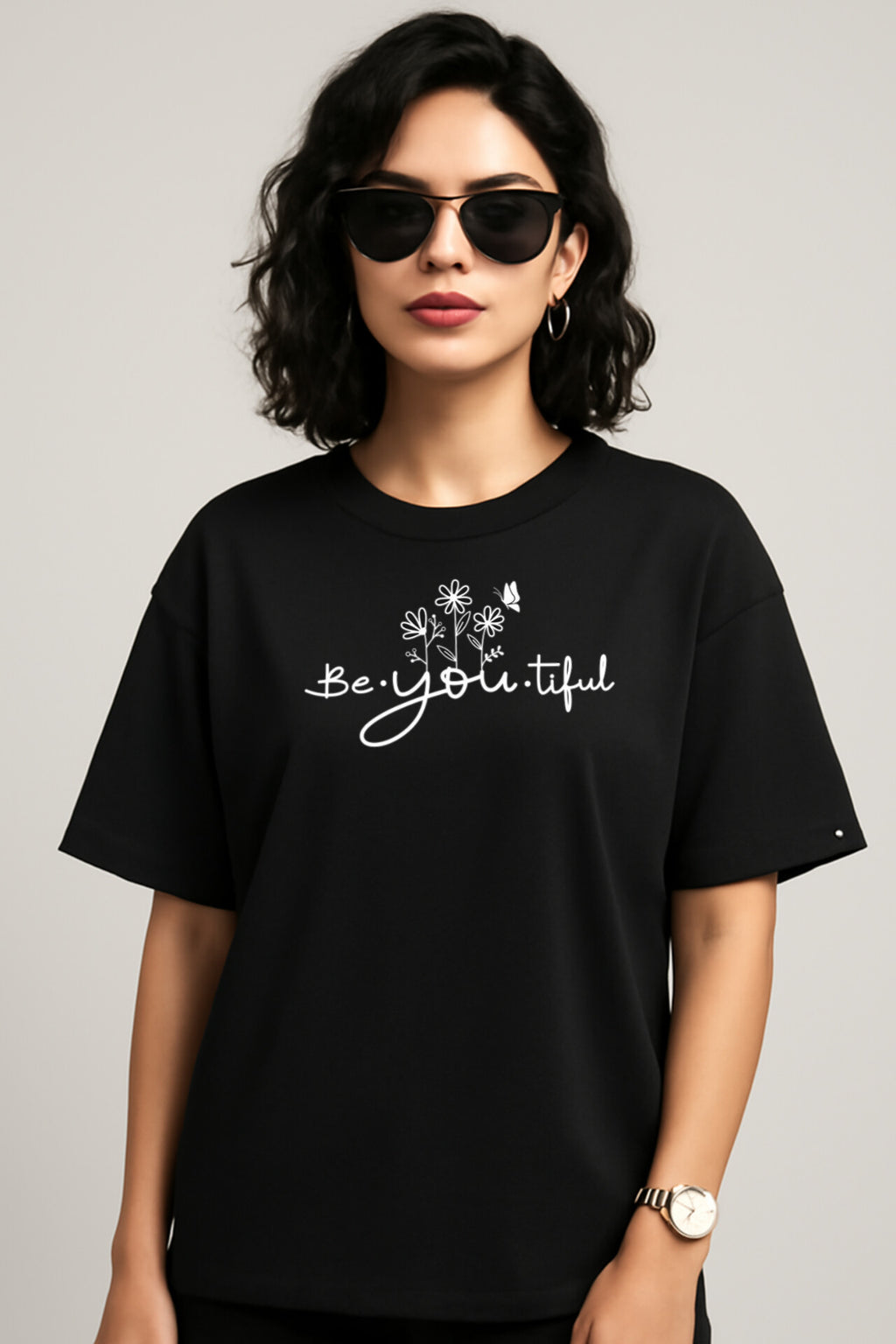 "Beautiful" Black Down shoulder Tees