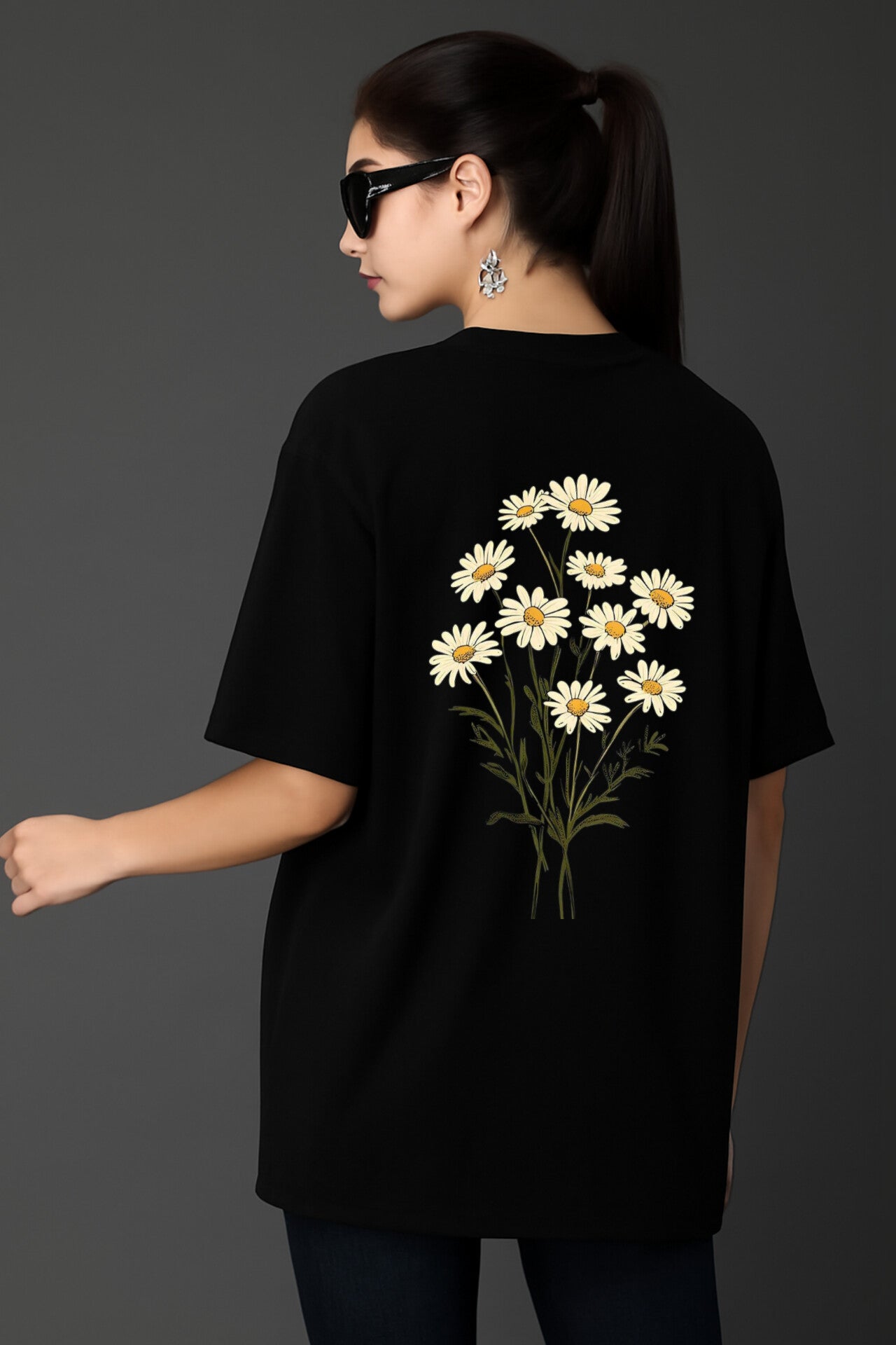 "Flower design" White Down shoulder Tees