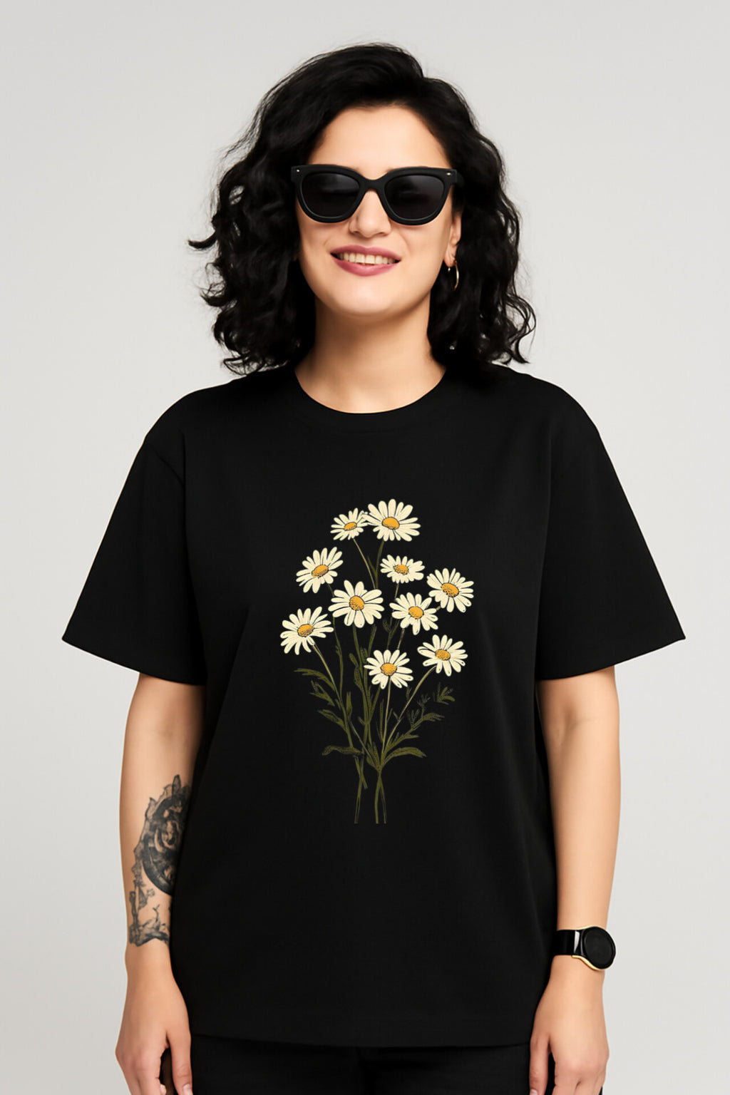 "Flower" Black Down shoulder Tees