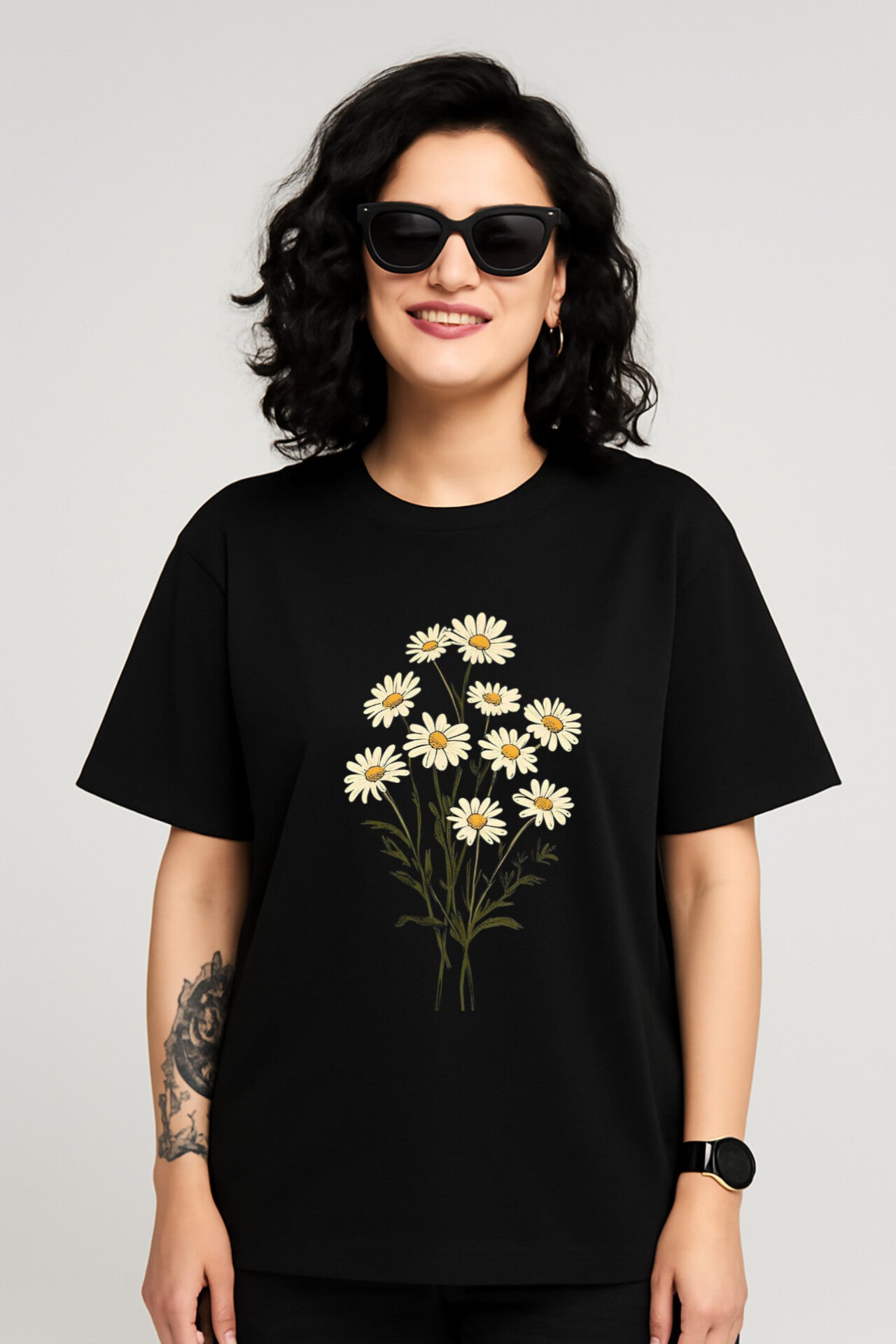 "Flower" Black Down shoulder Tees