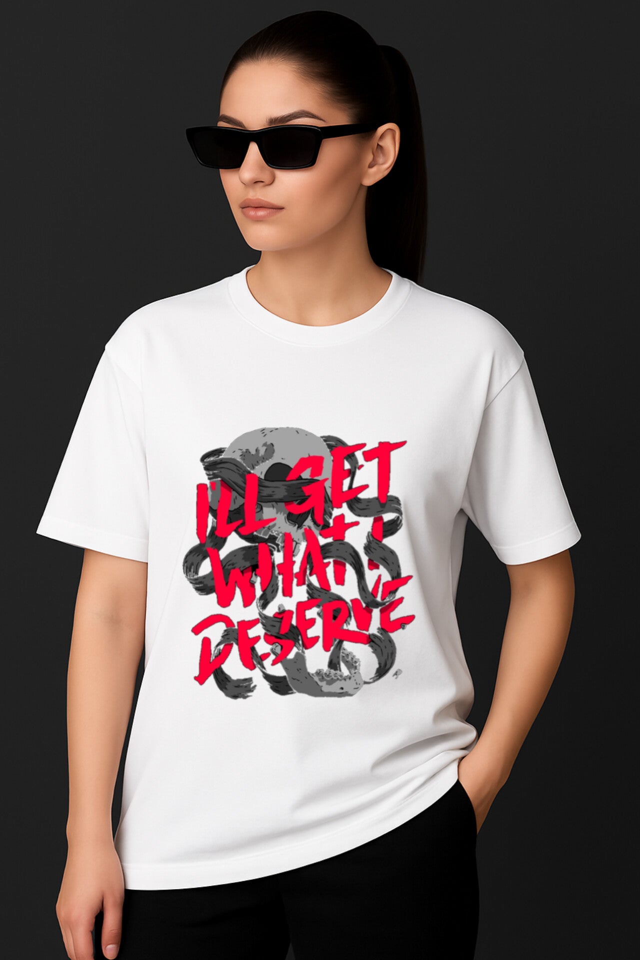 "I'll get what i deserve" White Down shoulder Tees