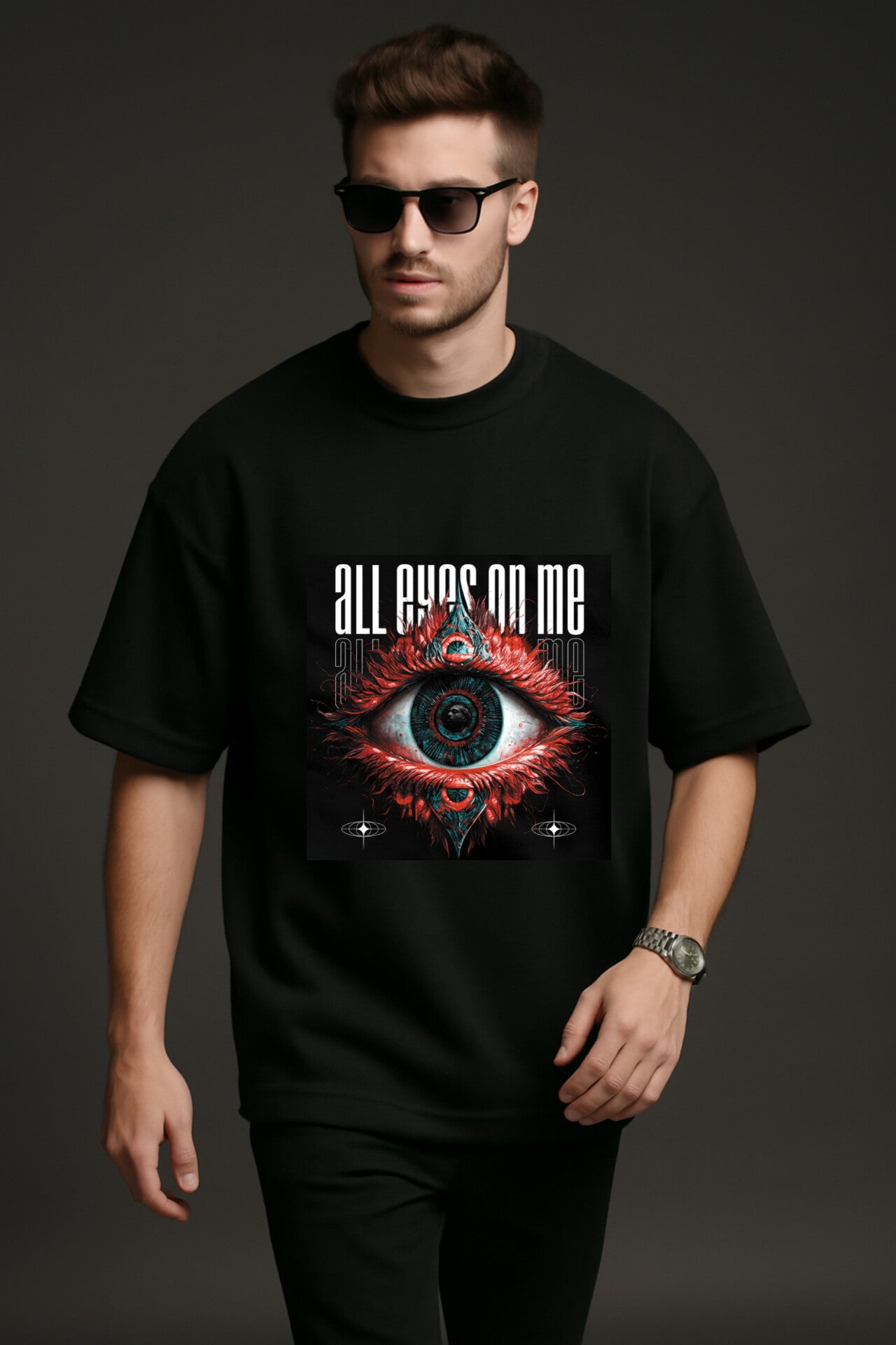 "All Eyes On Me" Black Down Shoulder Tees