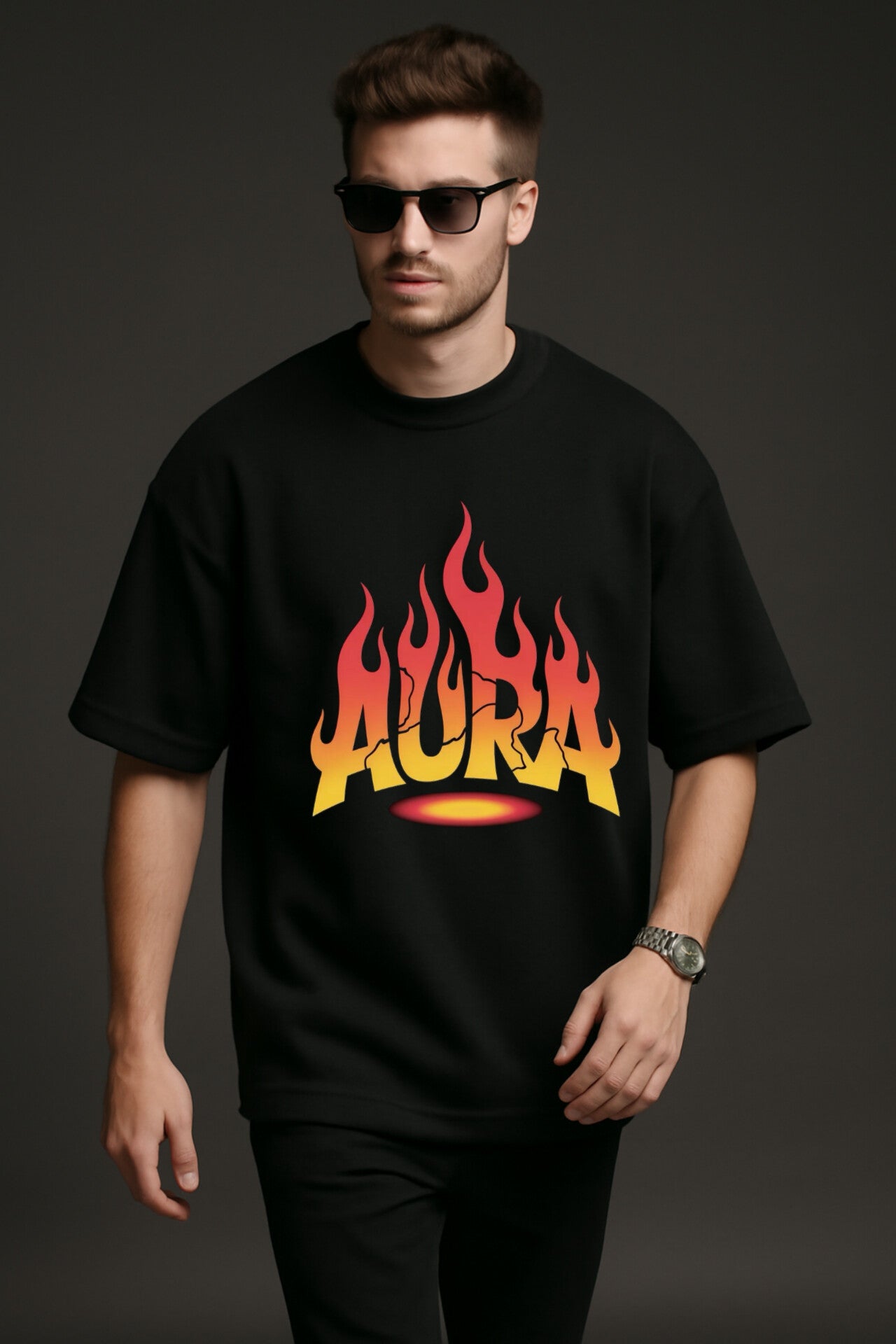 "AURA" Black Down Shoulder Tees