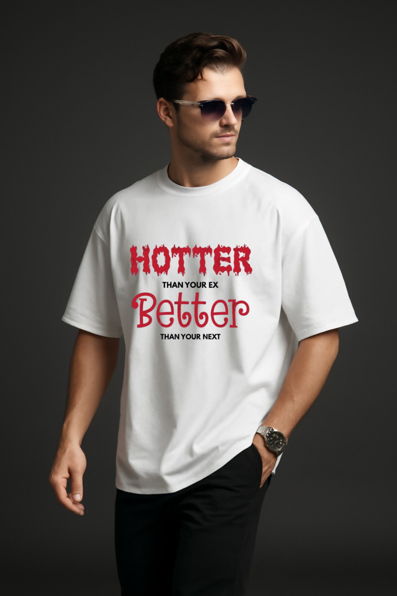"HOTTER THAN YOUR EX" White Down Shoulder Tees