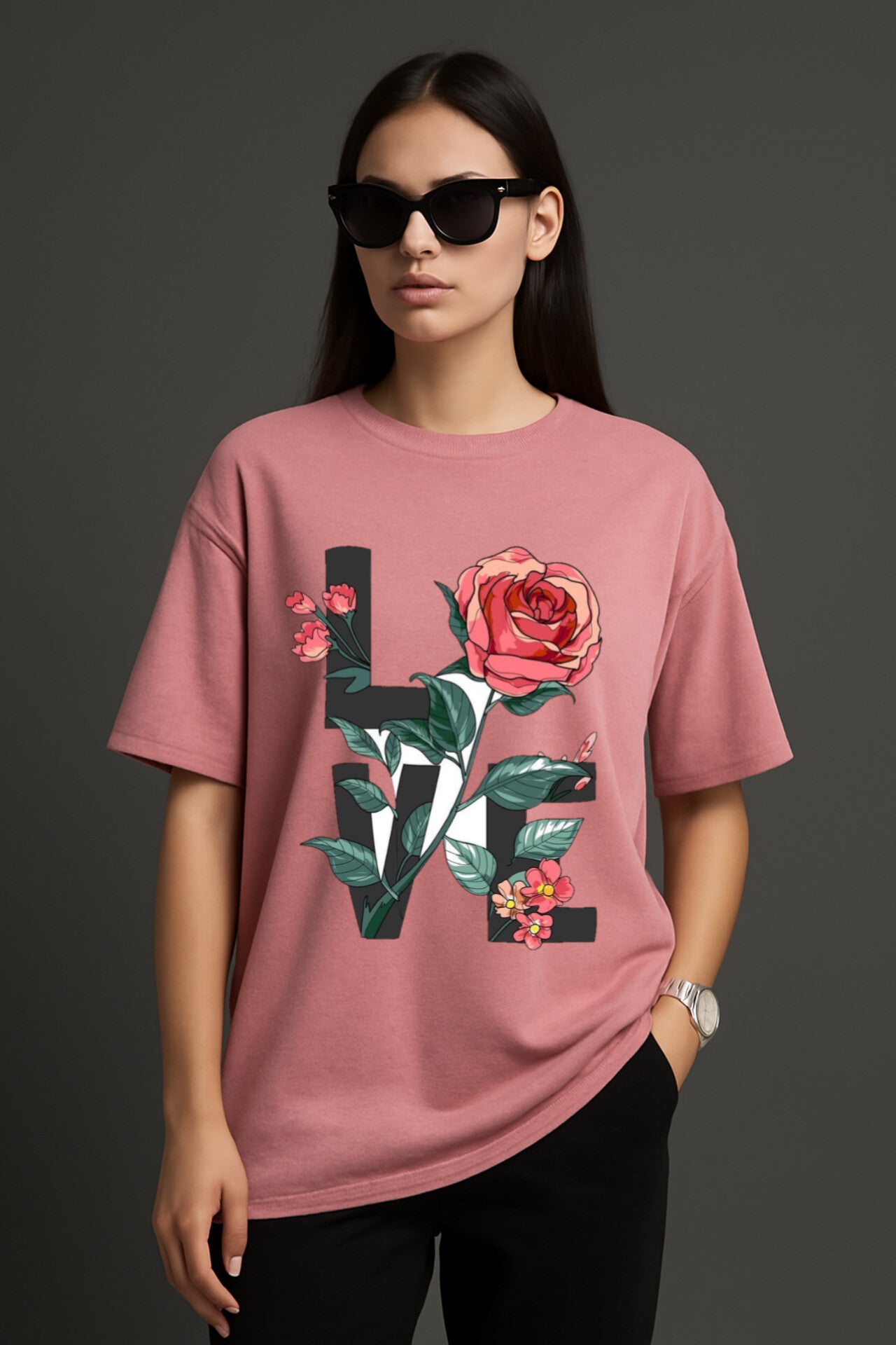 "Love" Pink Down shoulder Tees