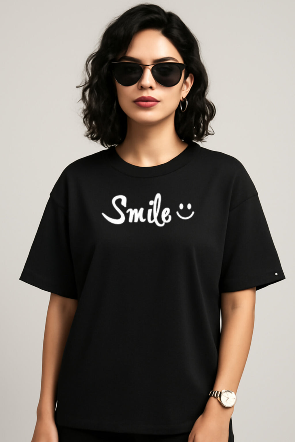 "Smile" Black Down shoulder Tees