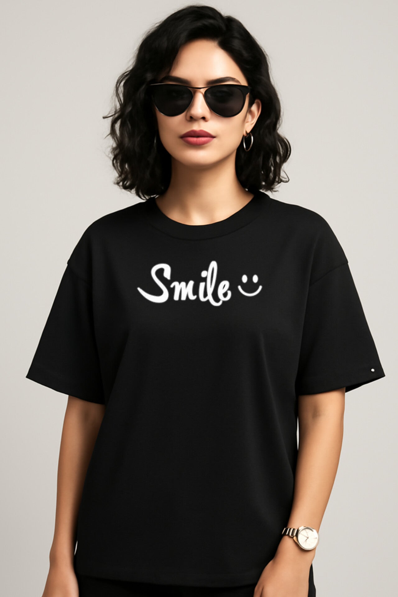 "Smile" Black Down shoulder Tees