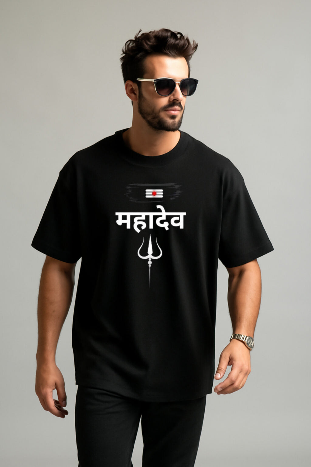 "MAHADEV" Black Down Shoulder Tees