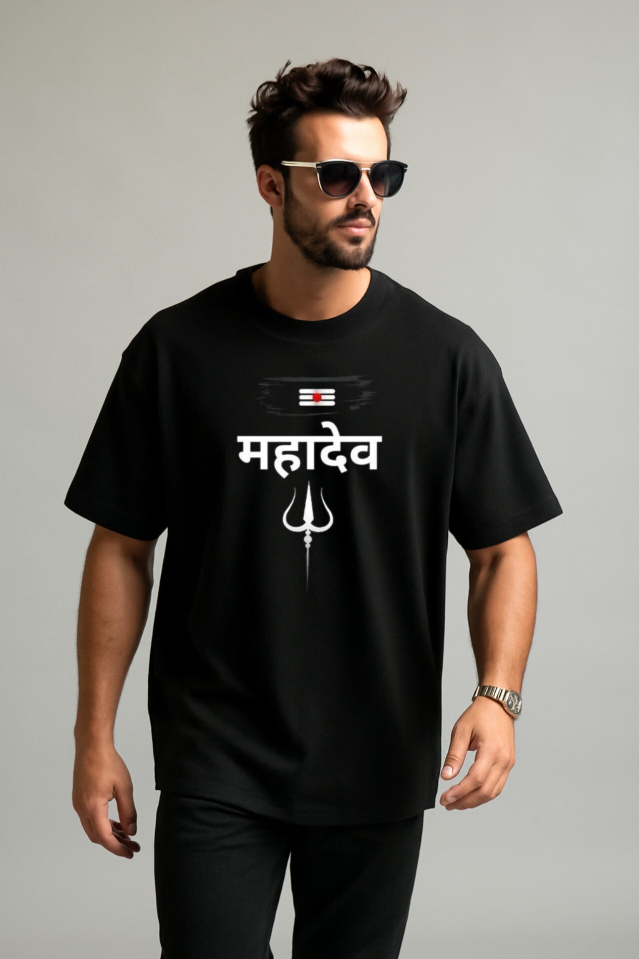 "MAHADEV" Black Down Shoulder Tees