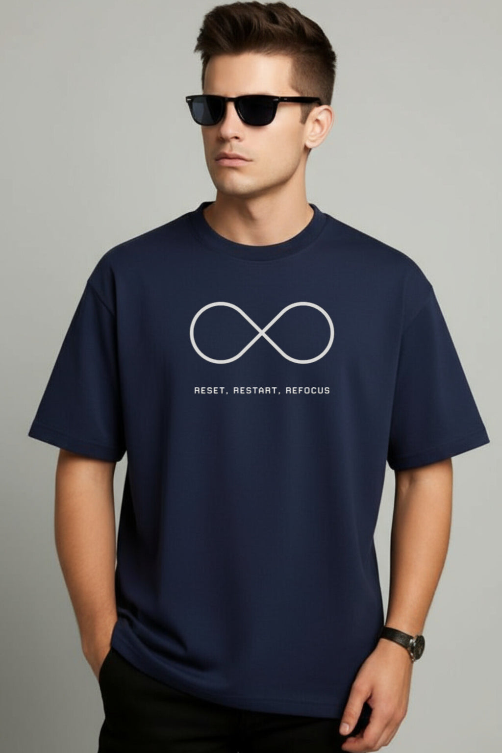 "Reset Restart Refocus" Navy Blue Down Shoulder Tees
