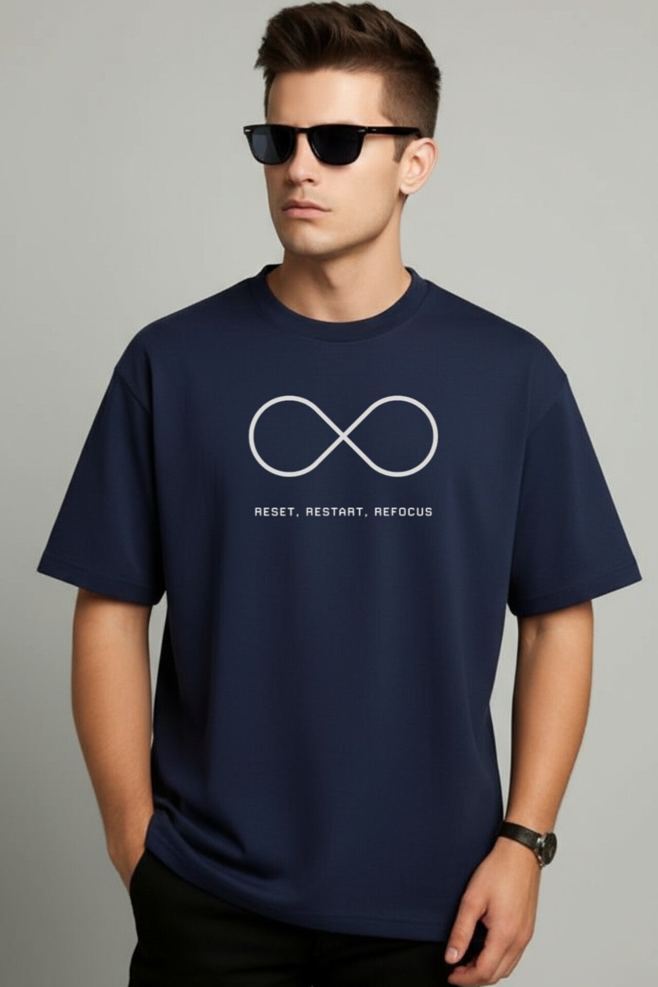 "Reset Restart Refocus" Navy Blue Down Shoulder Tees