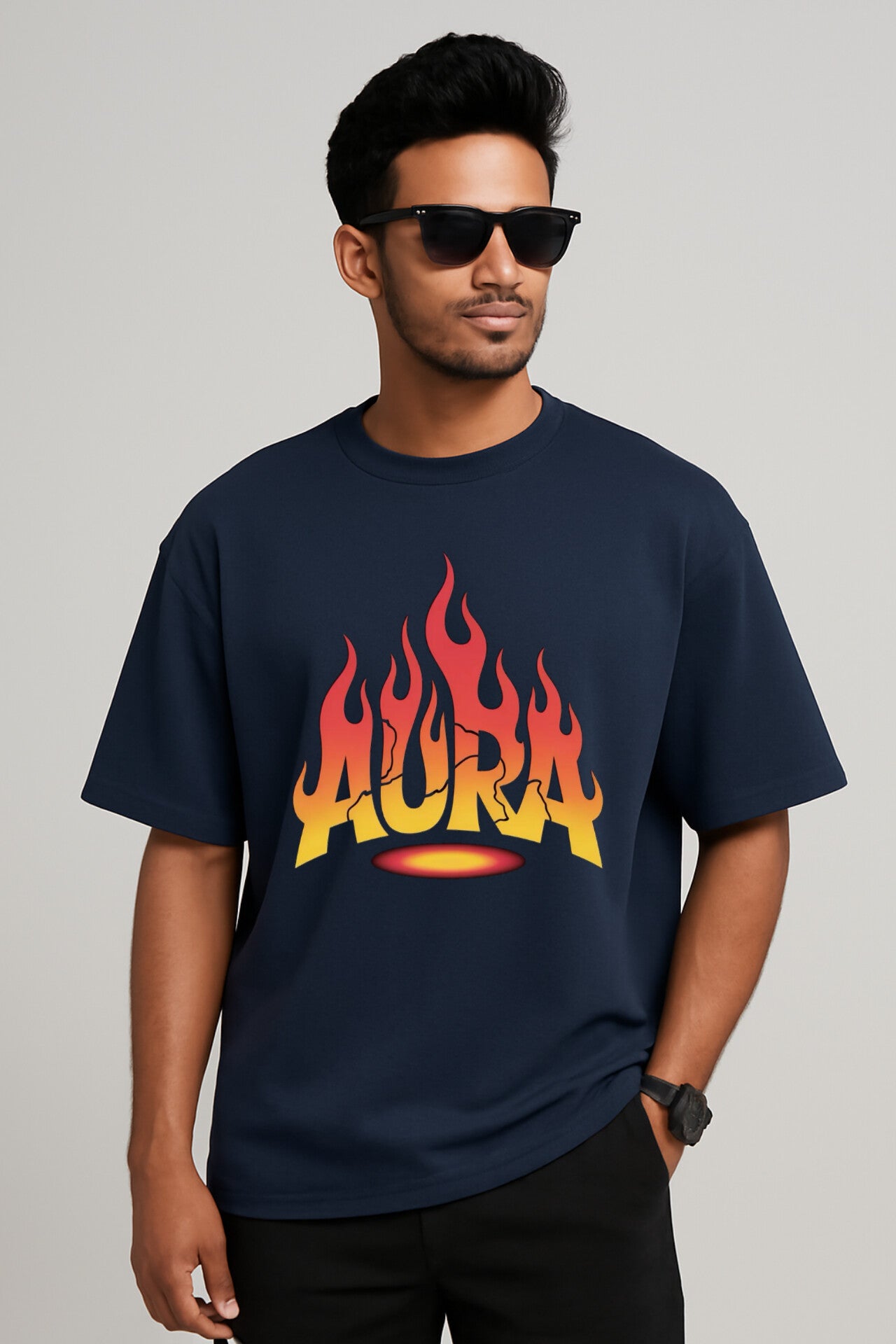 "AURA" Navy Blue Down Shoulder Tees