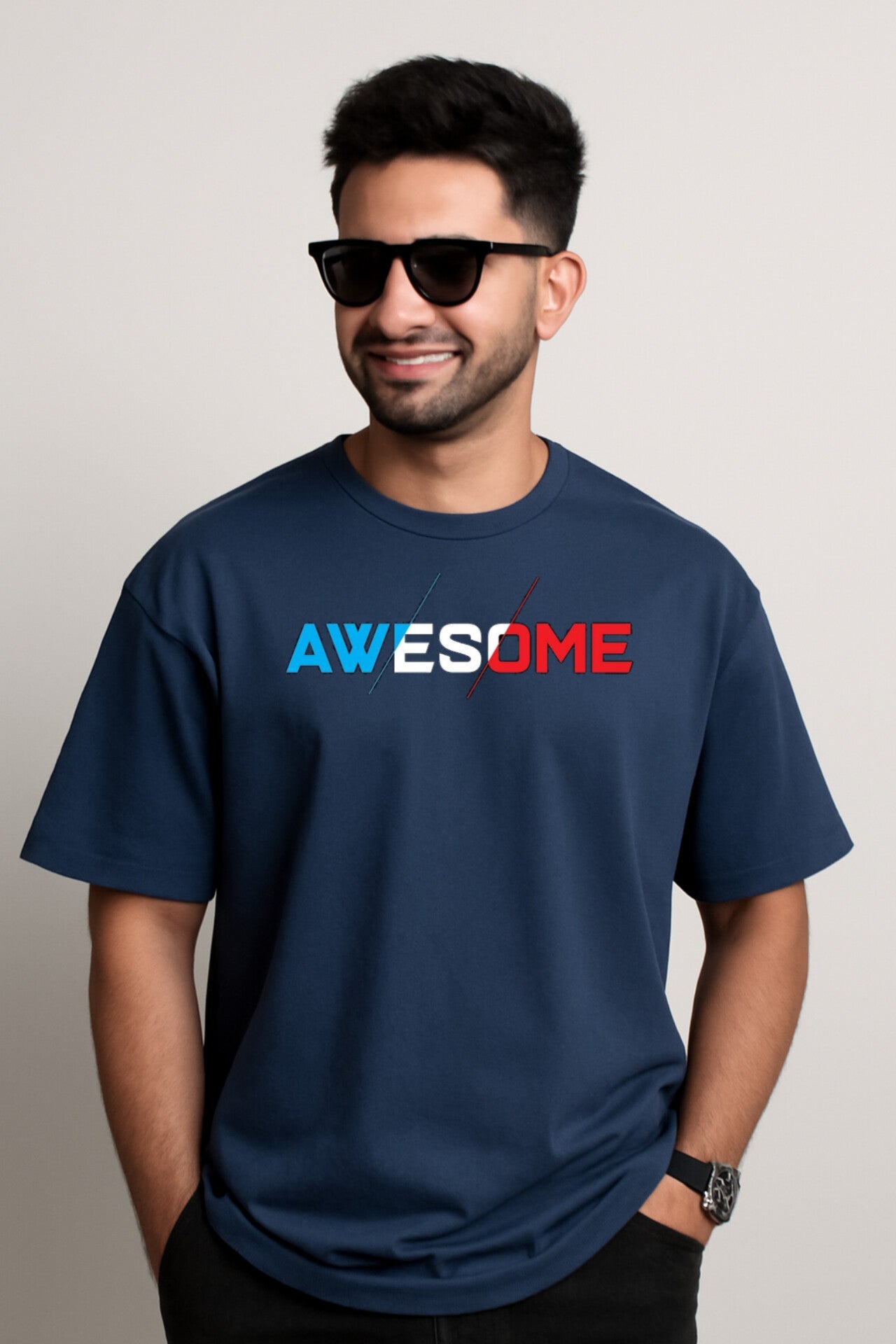 "Awesome" Navy Blue Down Shoulder Tees