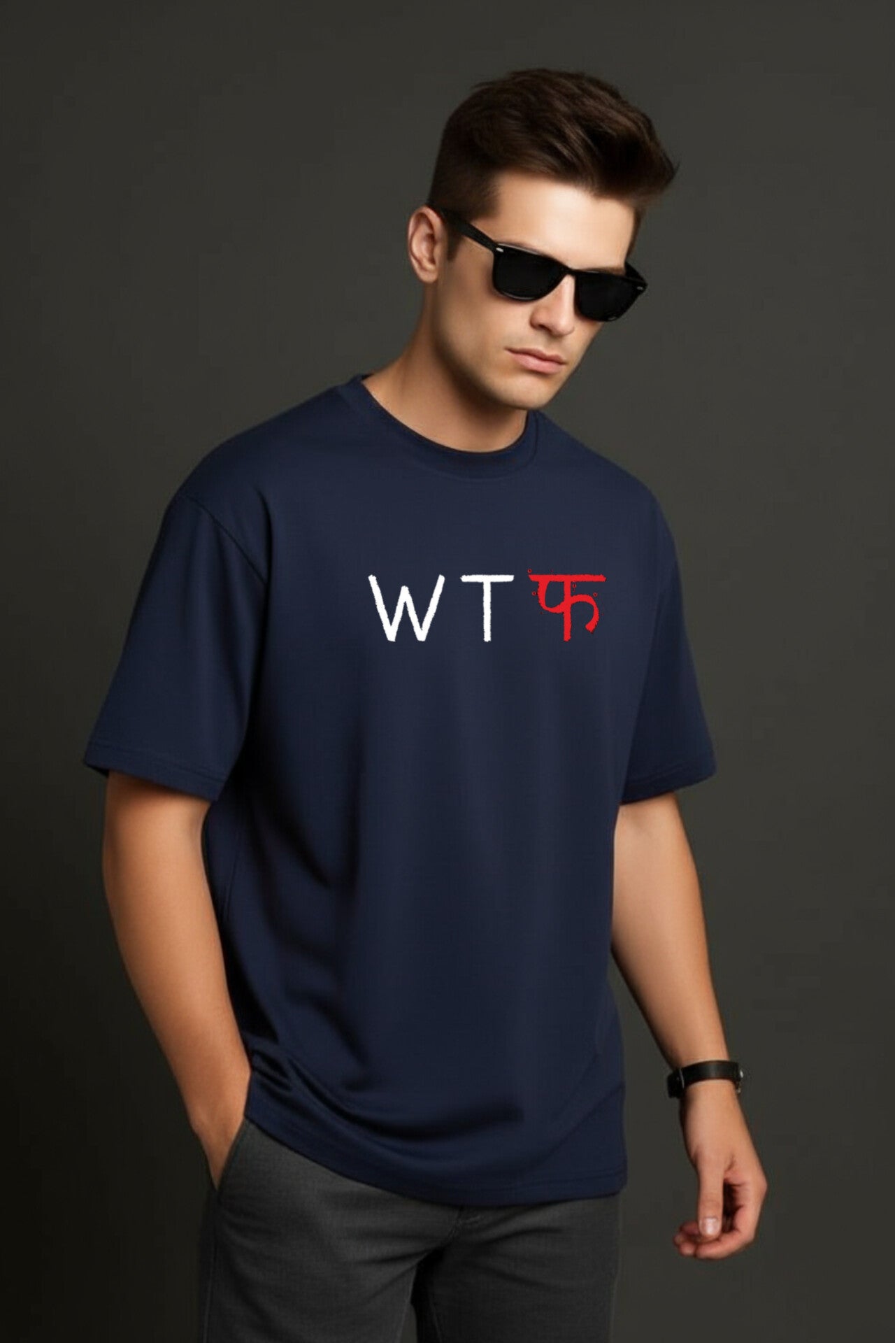 "WTF" Navy Blue Down Shoulder Tees