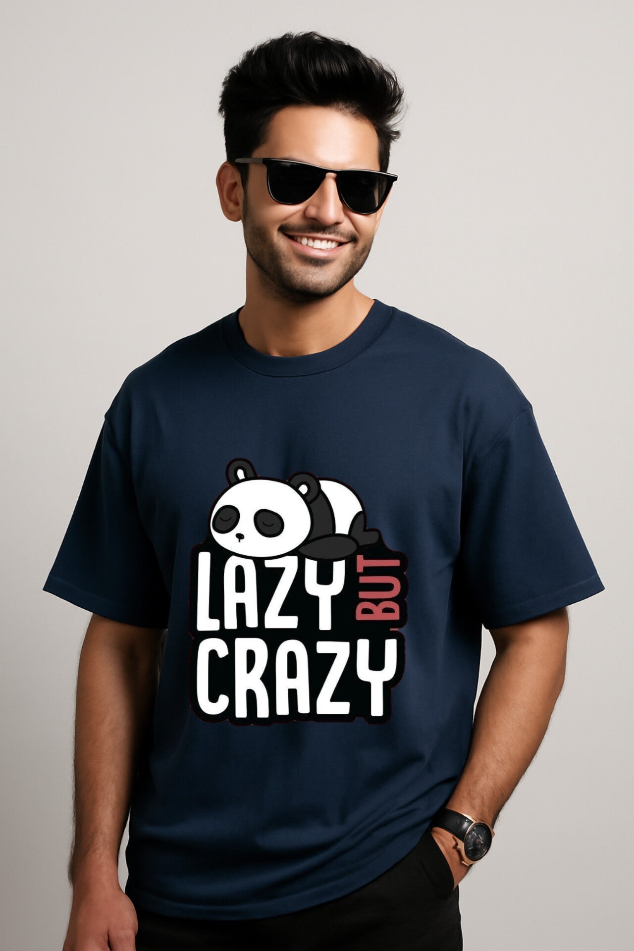 "Lazy but crazy" Navy blue Down Shoulder Tees