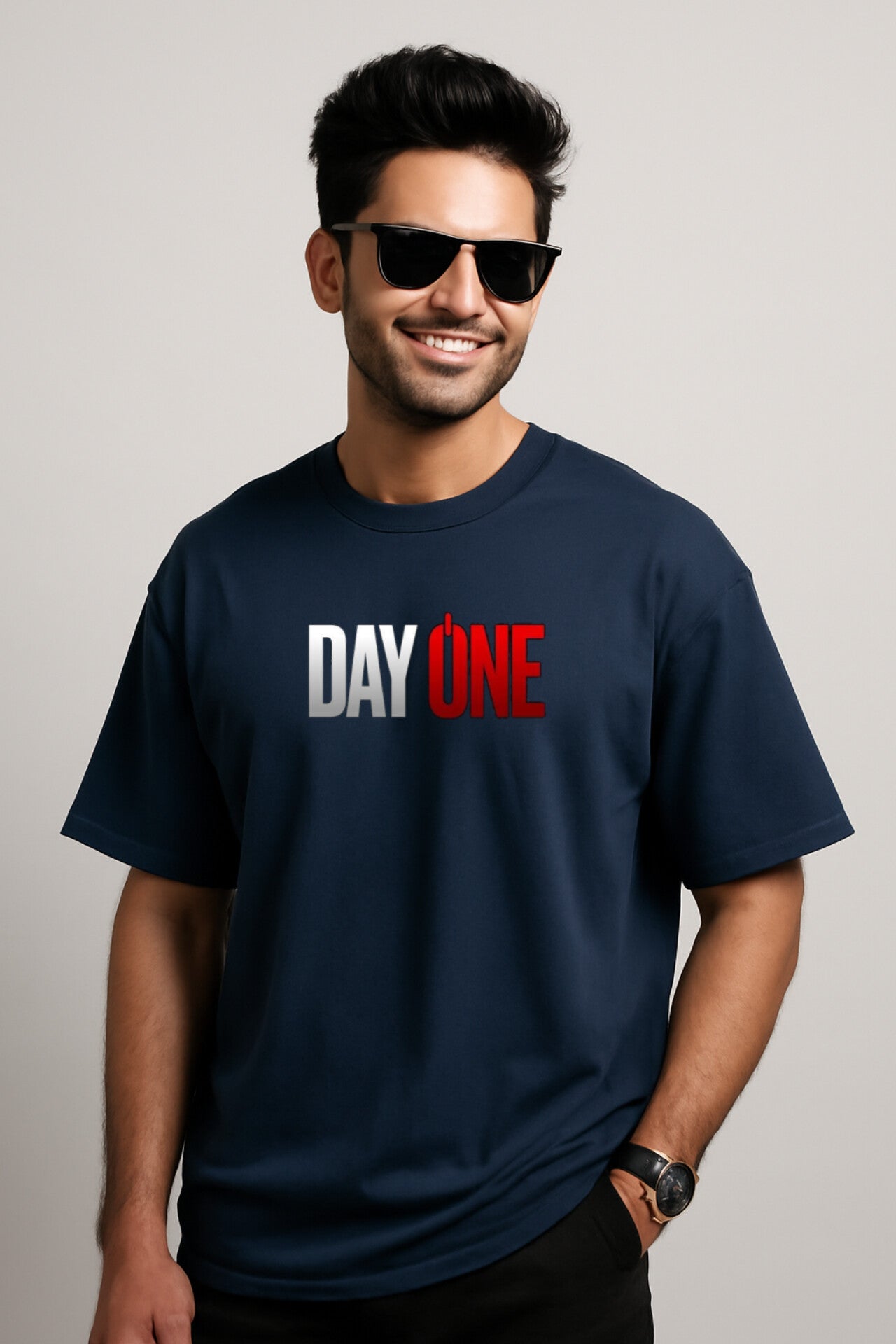 "DAY ONE " Navy Blue Down Shoulder Tees