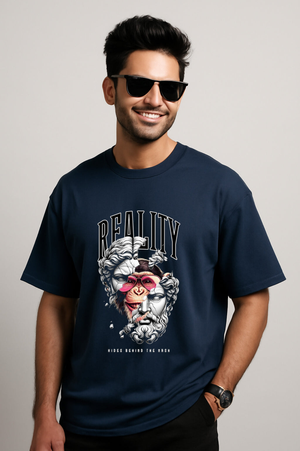 "Reality" Navy Blue Down Shoulder Tees