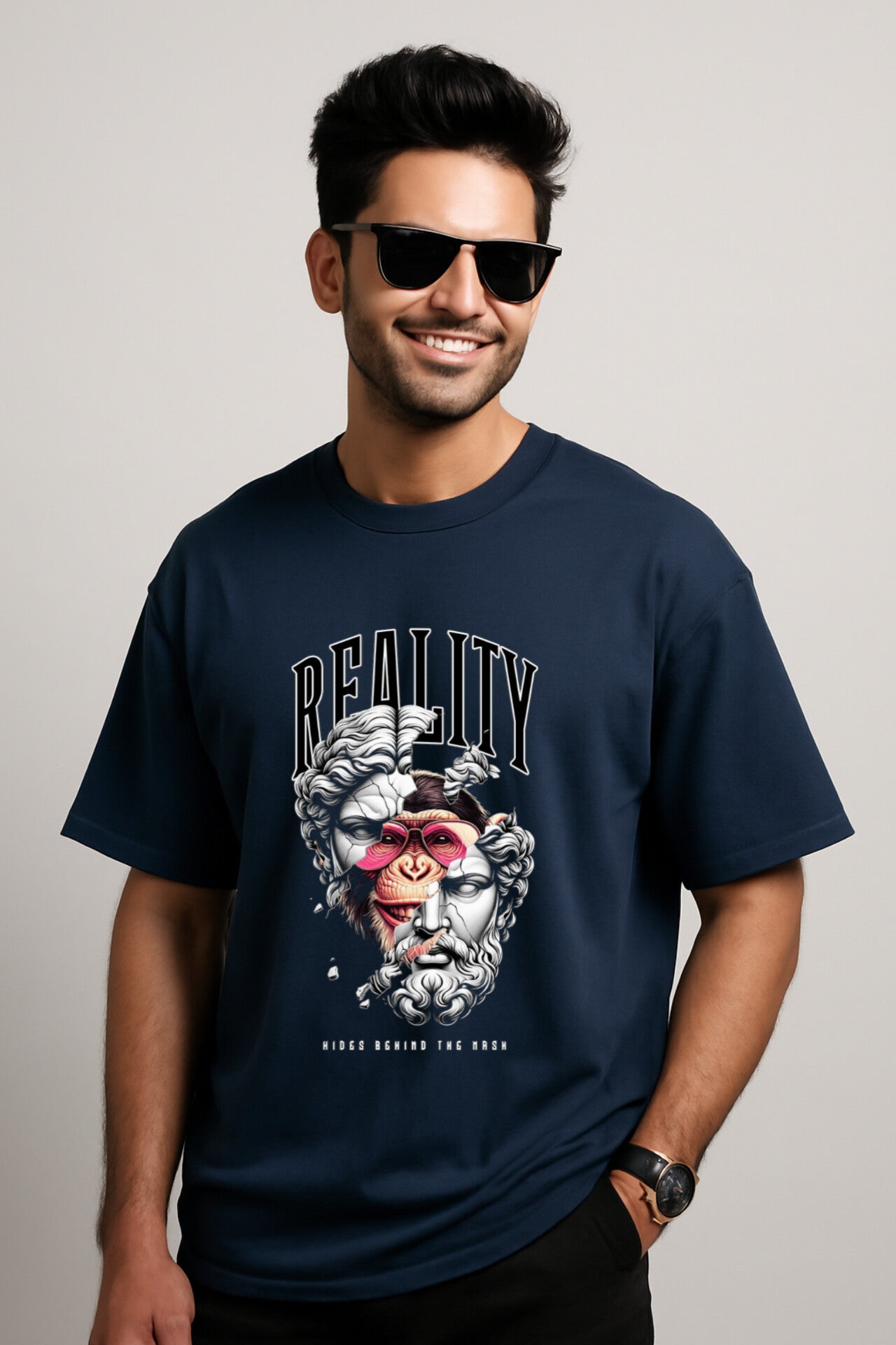 "Reality" Navy Blue Down Shoulder Tees
