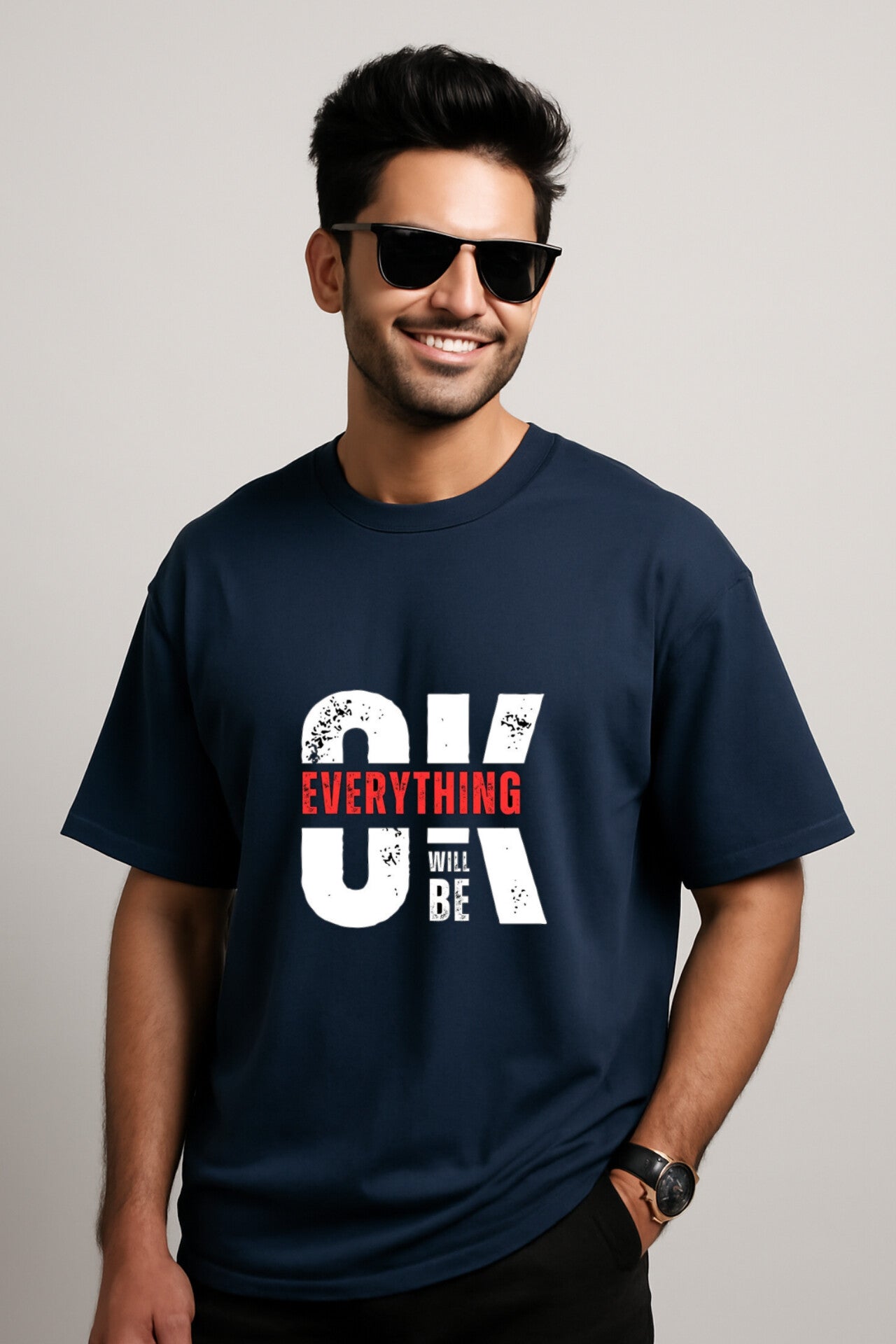 "OK" Navy Blue Down Shoulder Tees