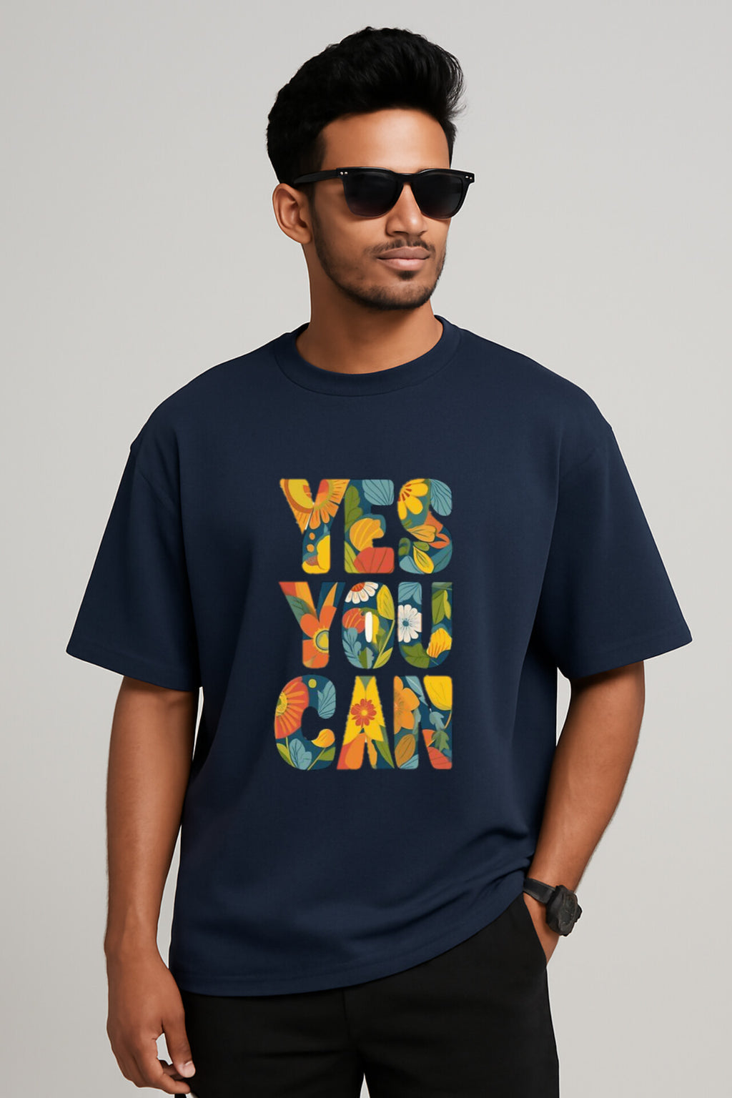 "Yes You Can" Navy Blue Down Shoulder Tees