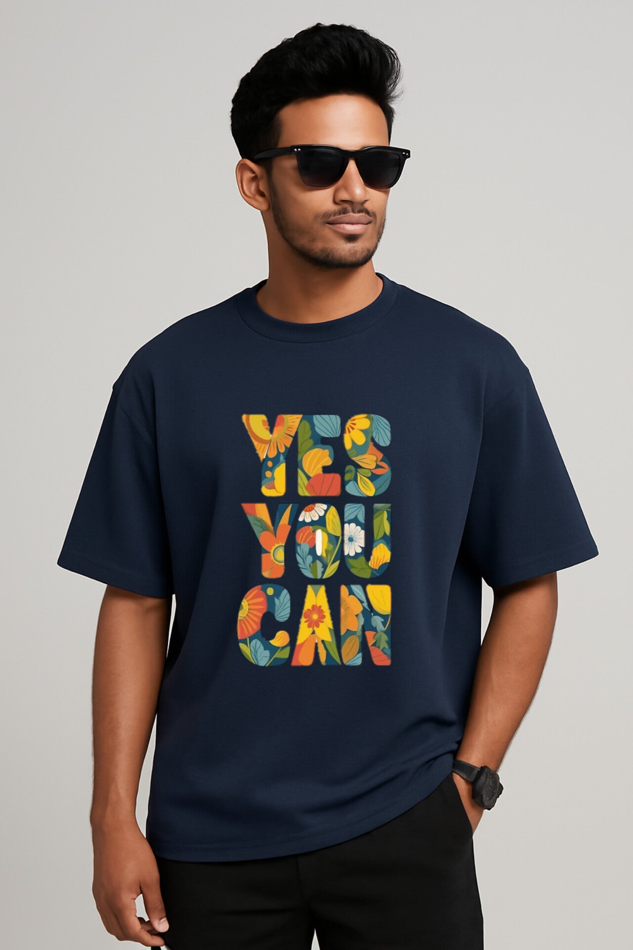 "Yes You Can" Navy Blue Down Shoulder Tees