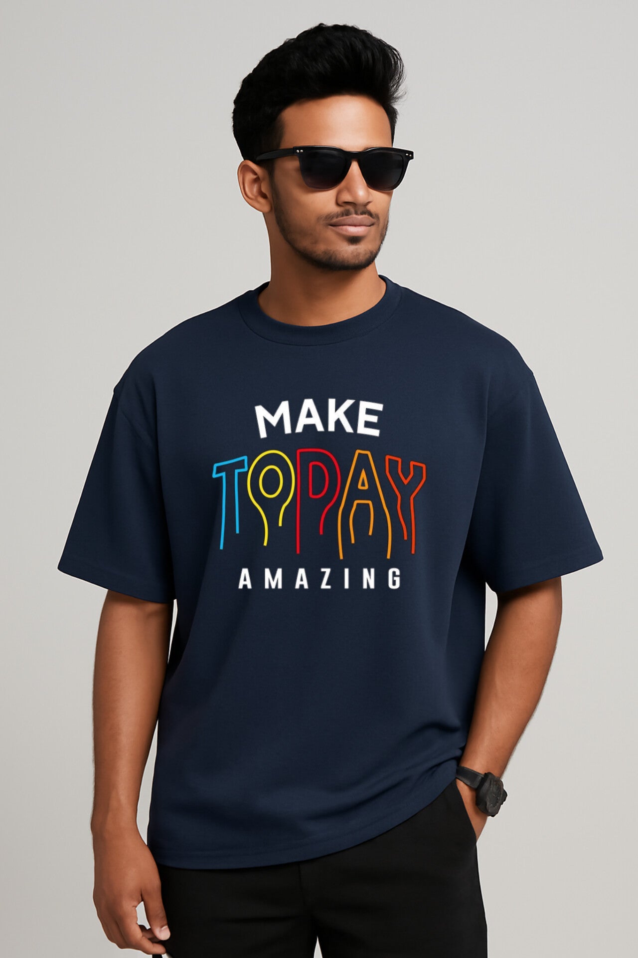 "Make Today Amazing" Navy Blue Down Shoulder Tees