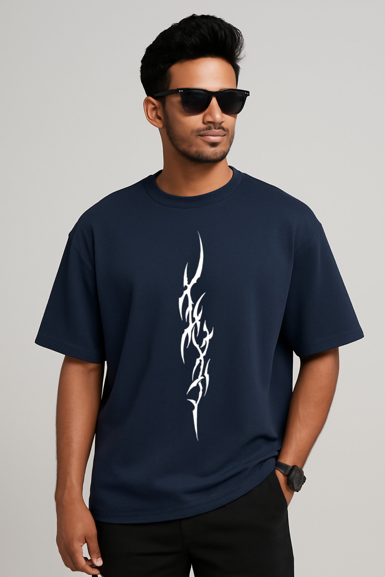 "Trible flames" Navy Blue Down Shoulder Tees
