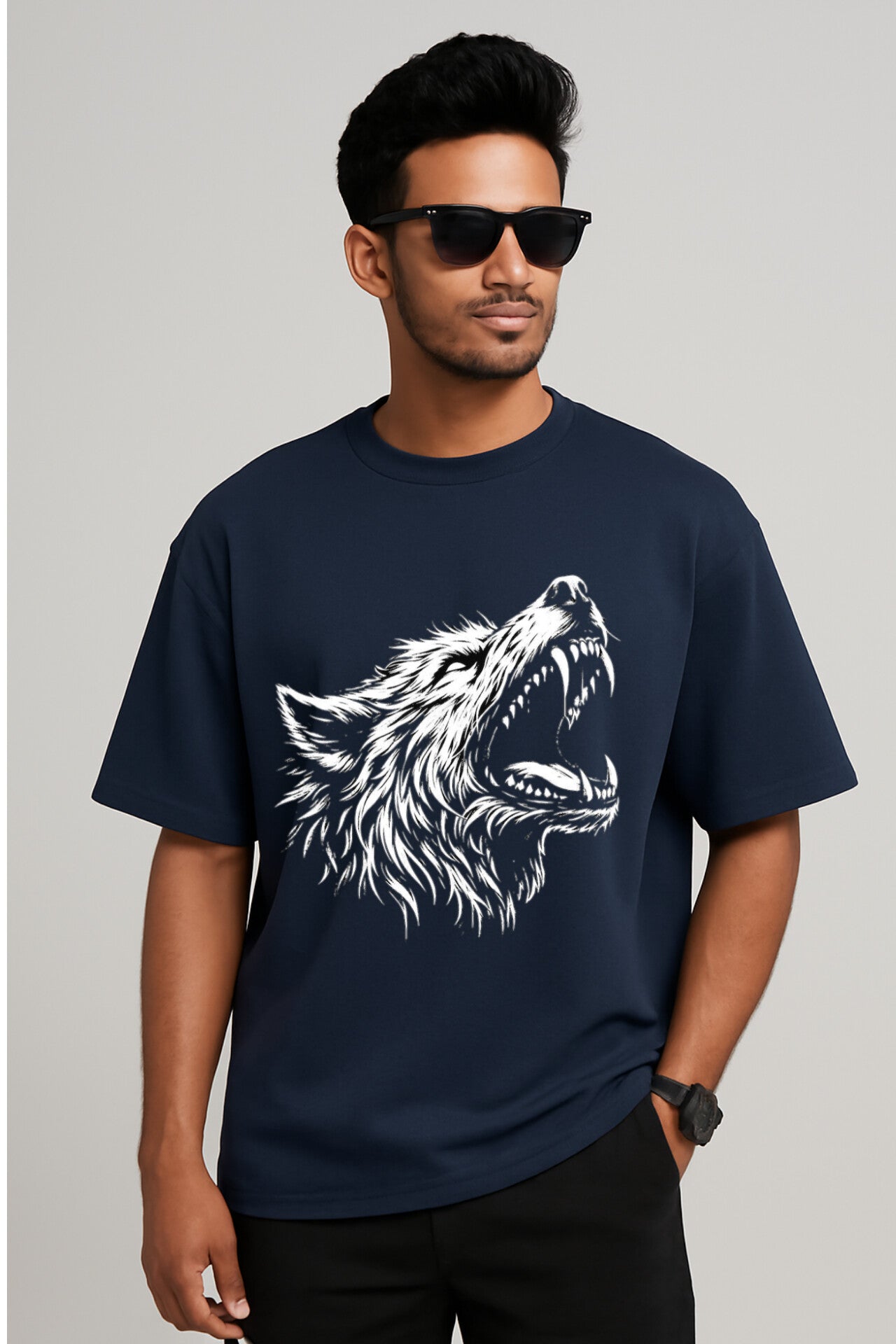 "WOLF" Navy Blue Down Shoulder Tees
