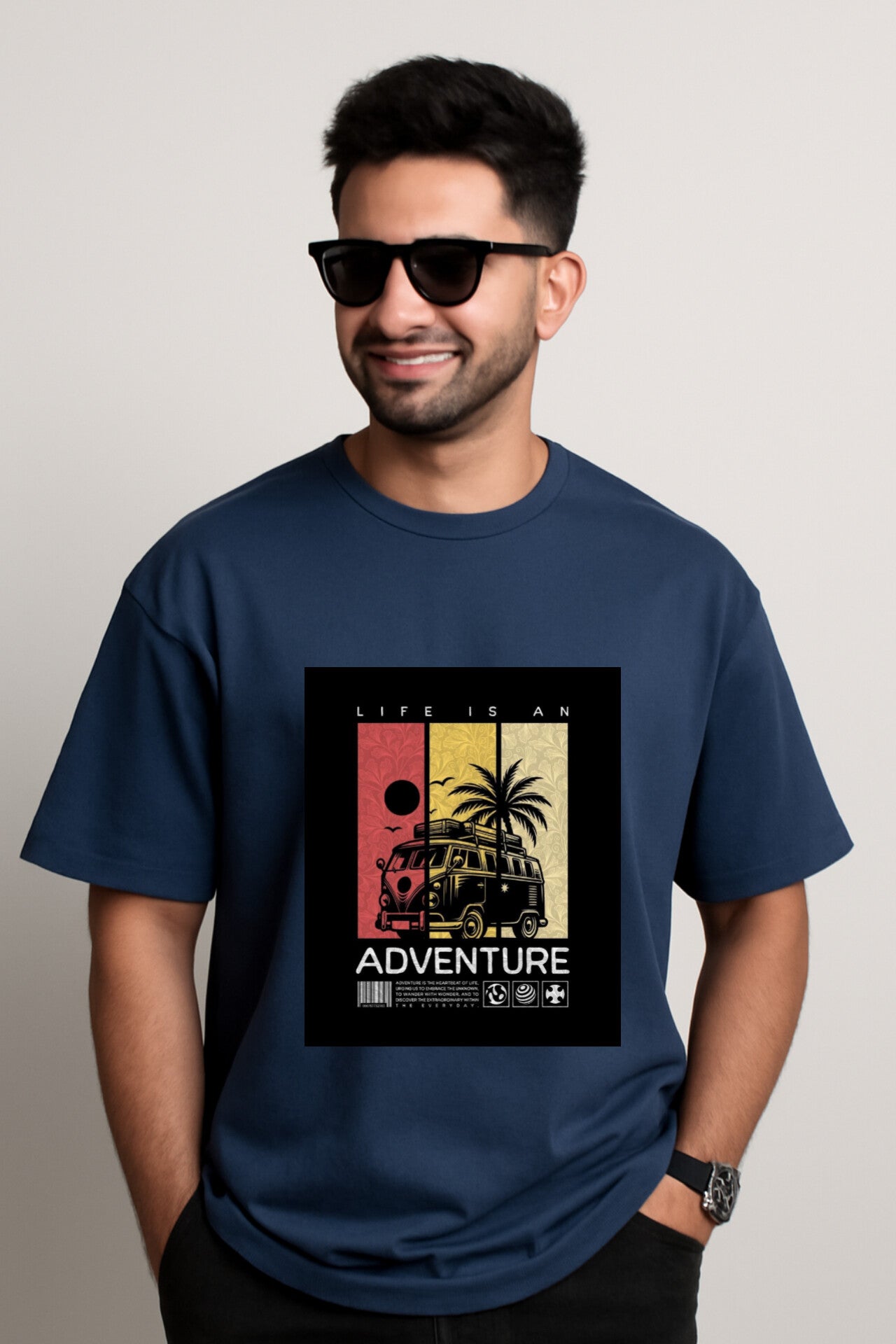 "ADVENTURE" Navy Blue Down Shoulder Tees