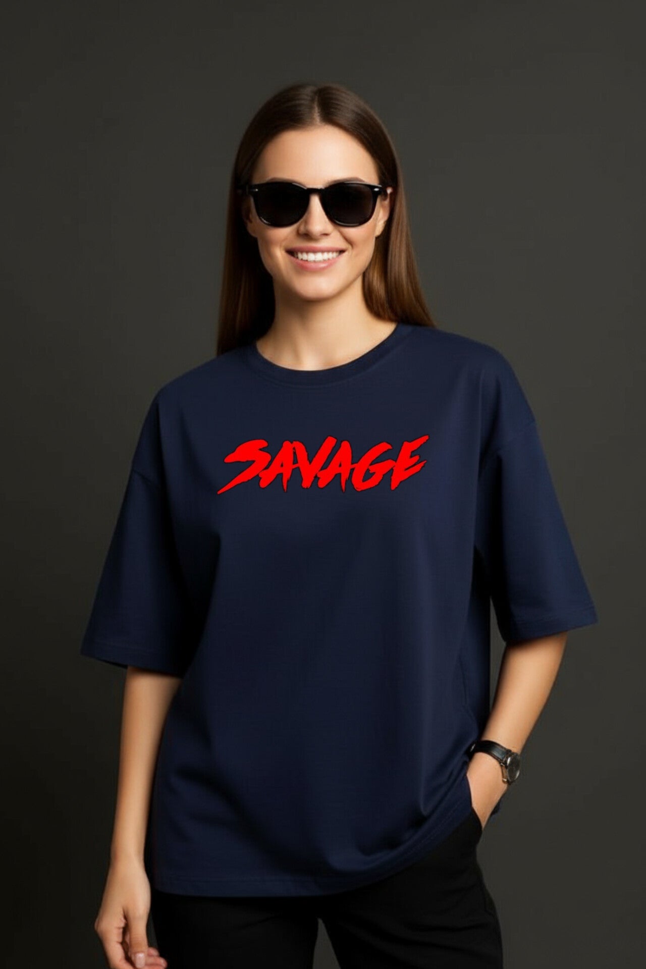 "Savage" Navy Blue Down shoulder Tees