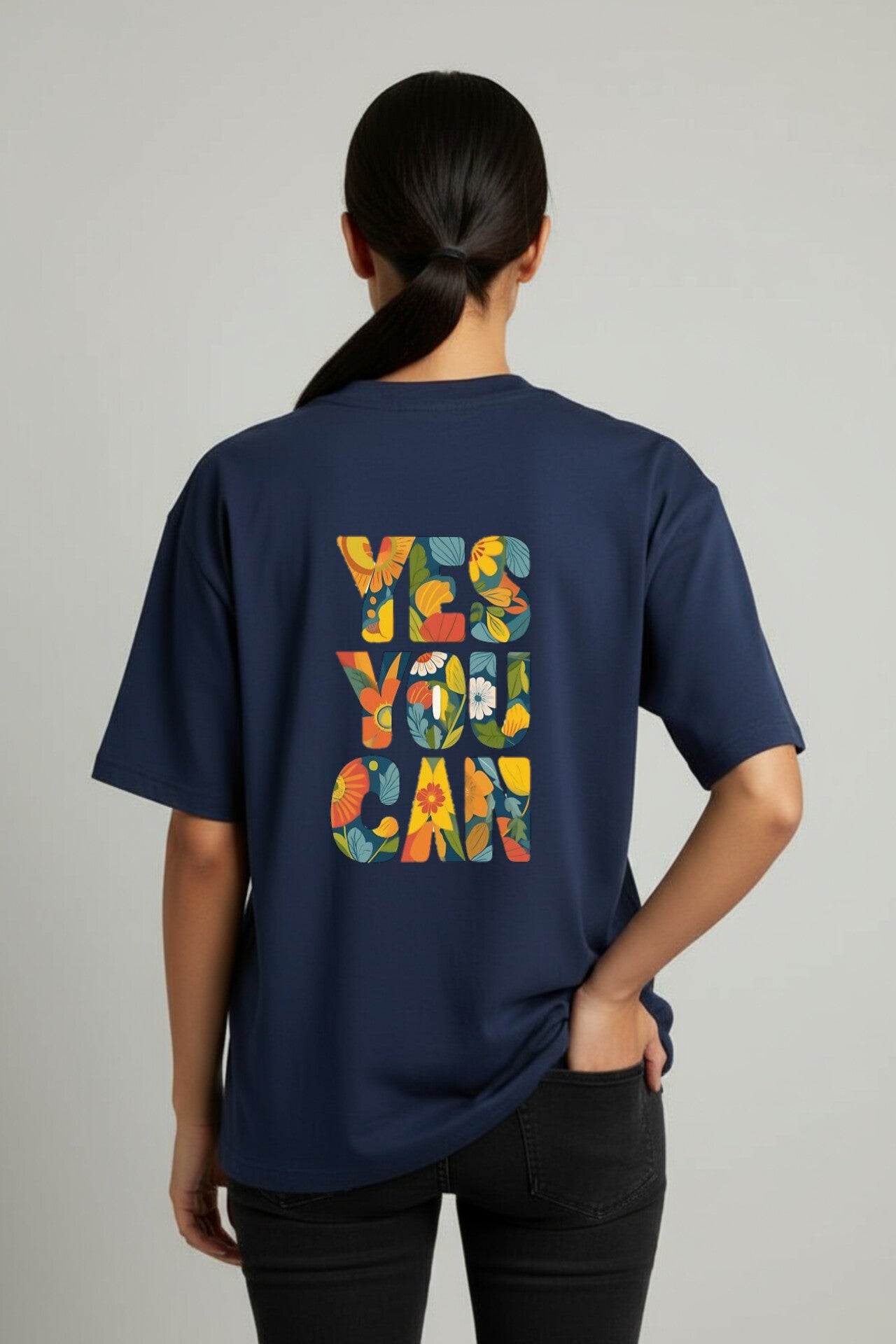"Yes You Can" Navy Blue Down shoulder Tees