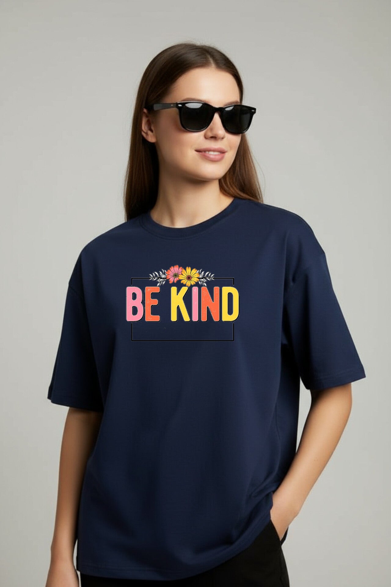 "Be Kind" Navy Blue Down shoulder Tees