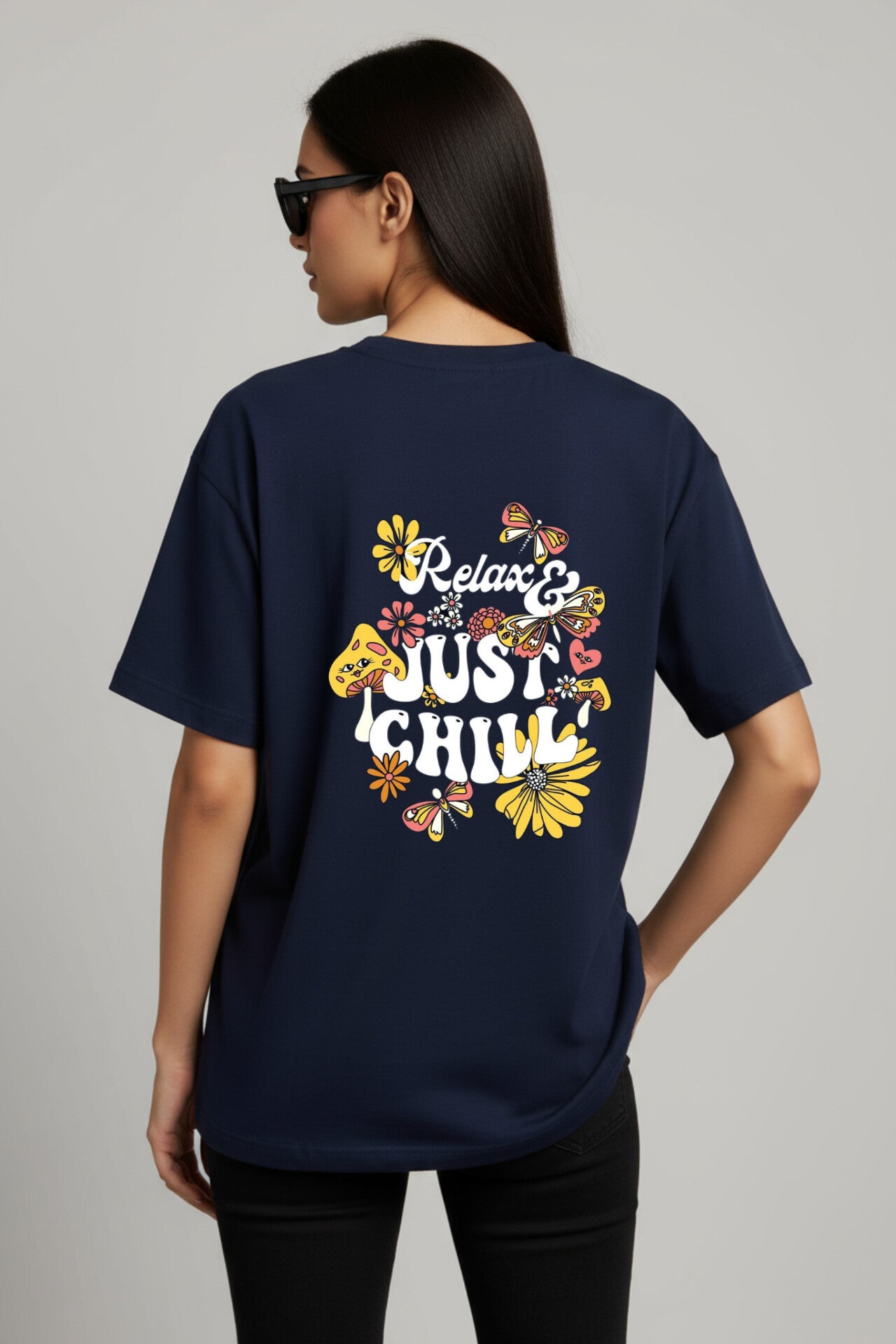 "Relax" Navy Blue Down shoulder Tees