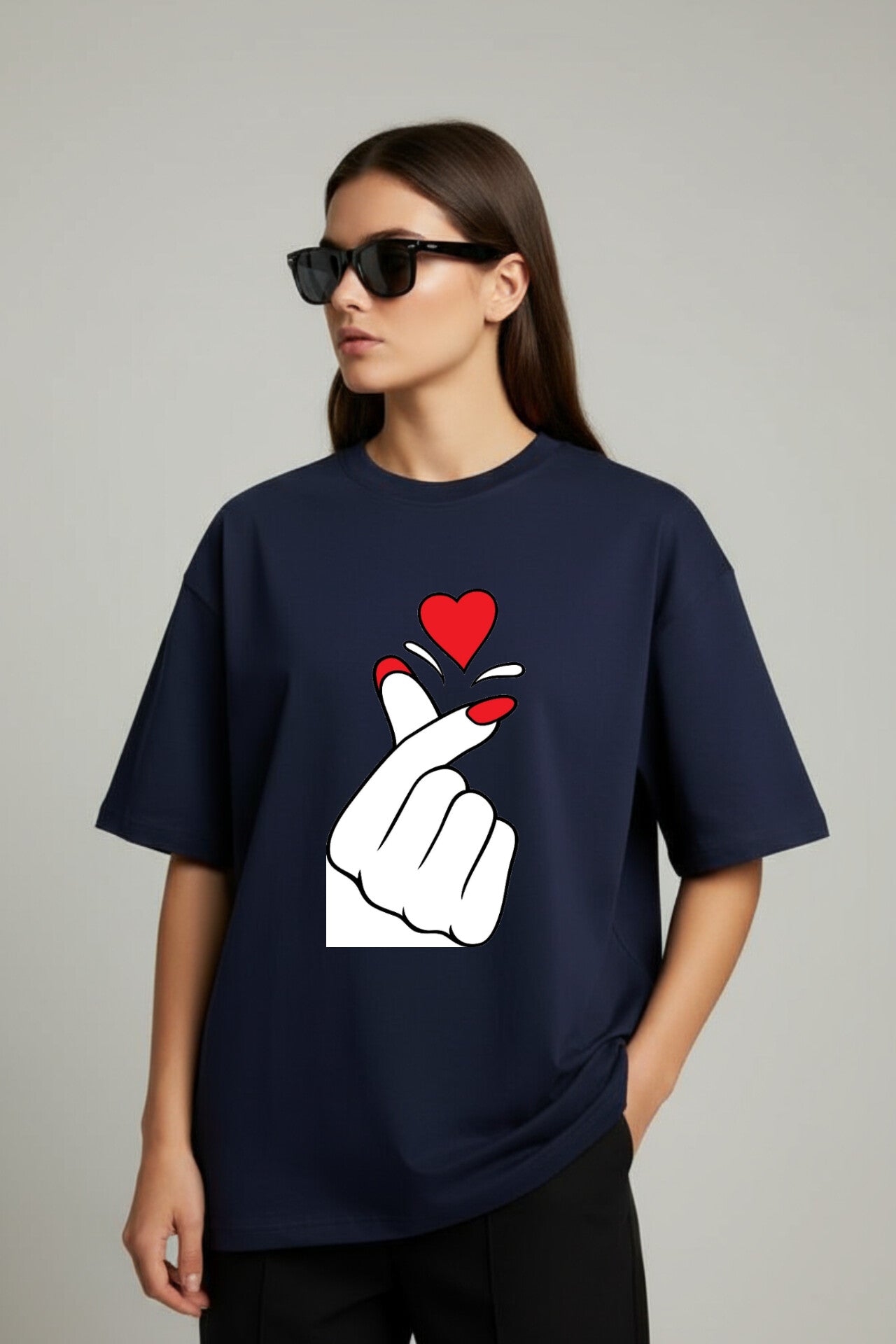 "Heart" Navy Blue Down shoulder Tees
