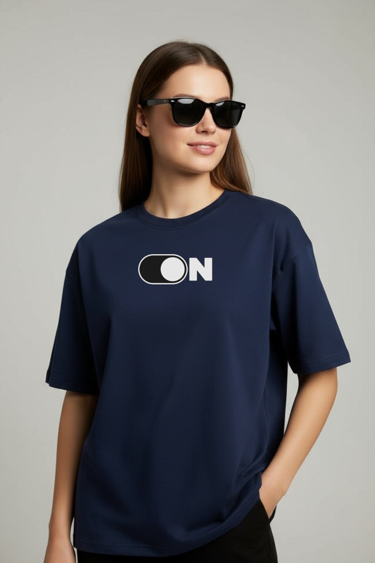 "ON" Navy Blue Down shoulder Tees