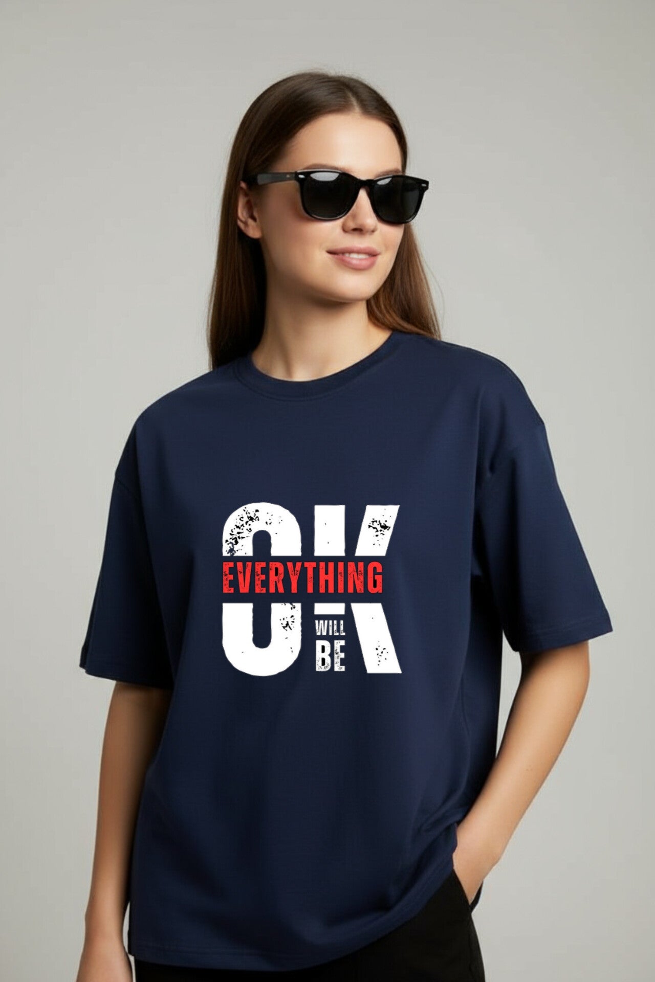 "OK" Navy Blue Down shoulder Tees
