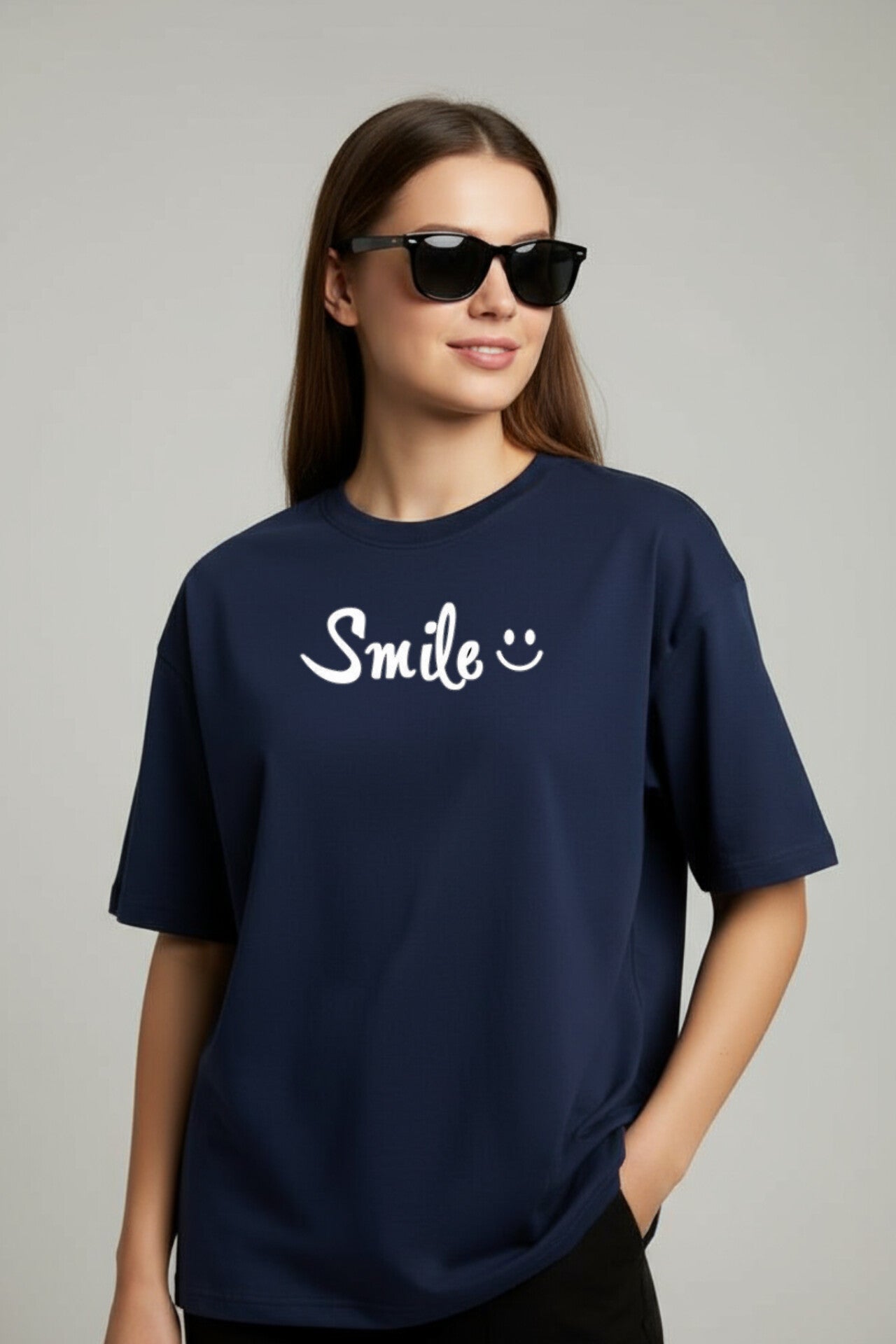 "Smile" Navy Blue Down shoulder Tees