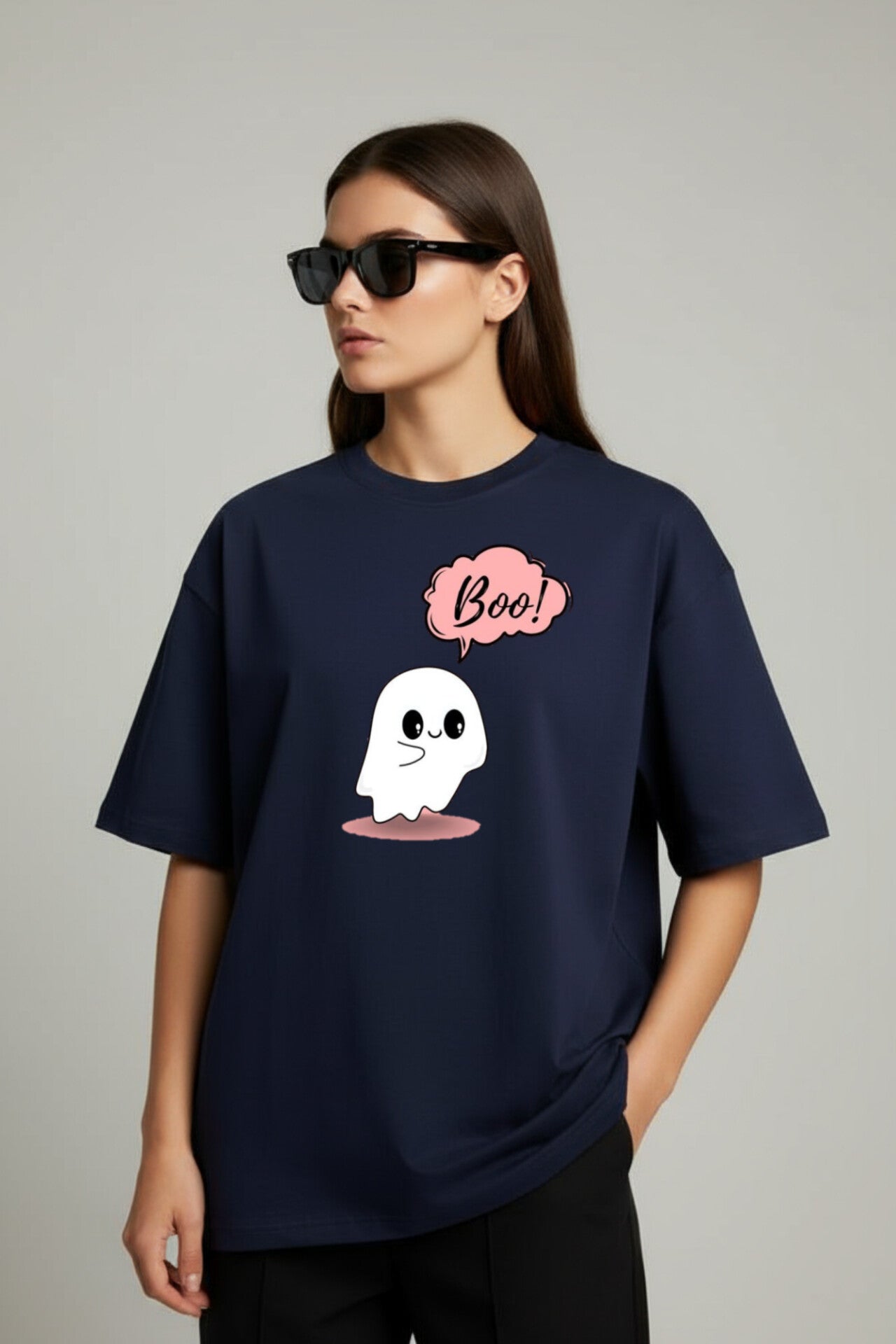"Boo" Navy Blue Down shoulder Tees