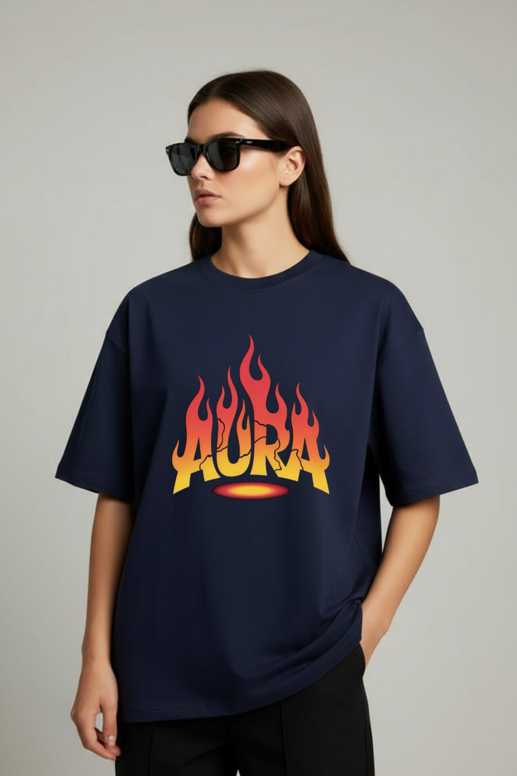 "Aura" Navy Blue Down shoulder Tees