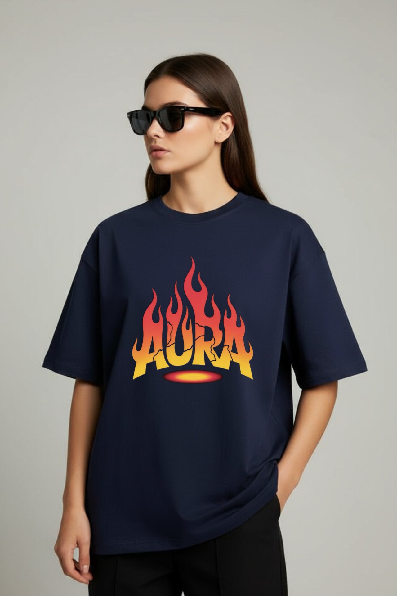 "Aura" Navy Blue Down shoulder Tees