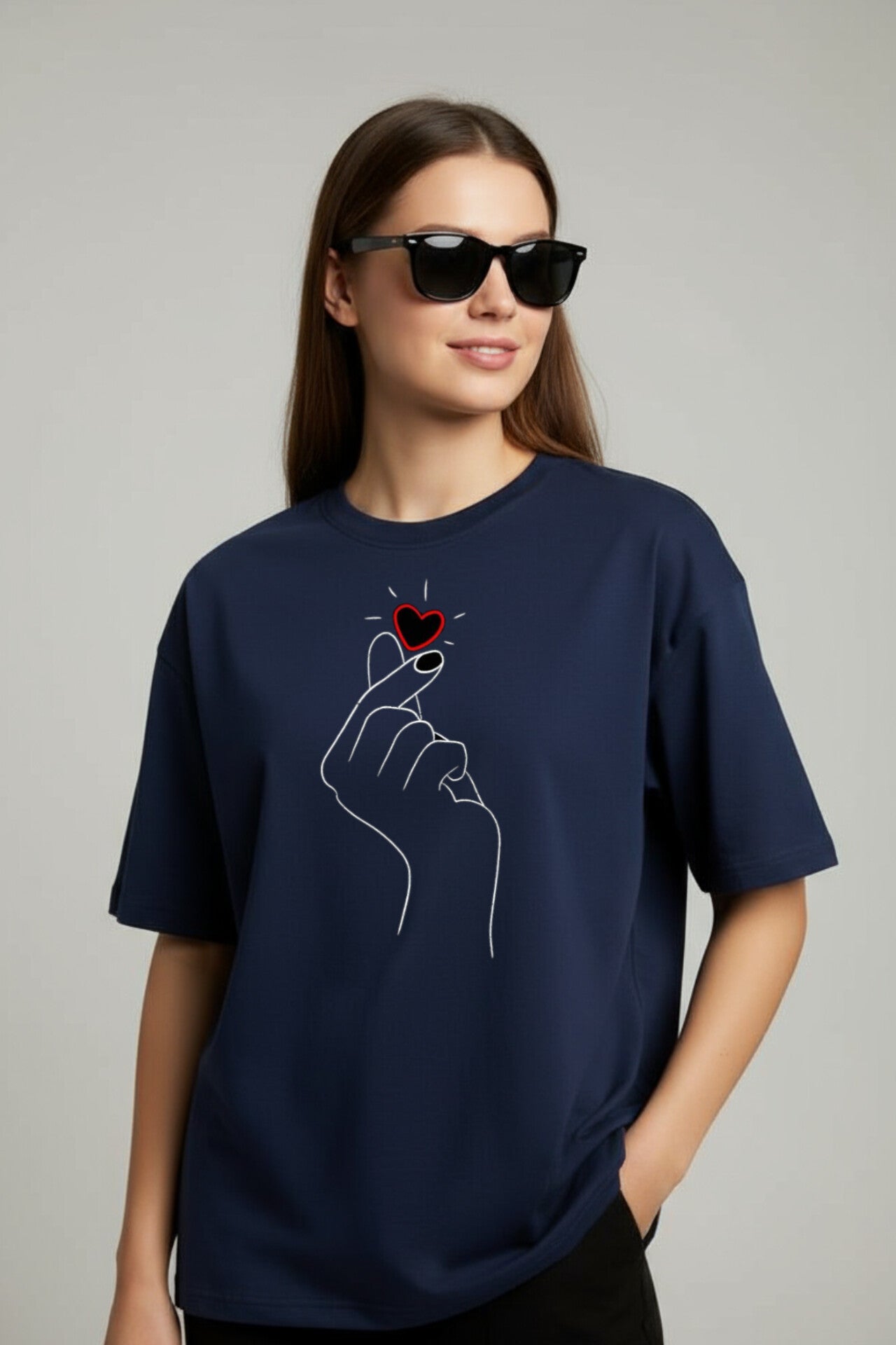 "Heart" Navy Blue Down shoulder Tees