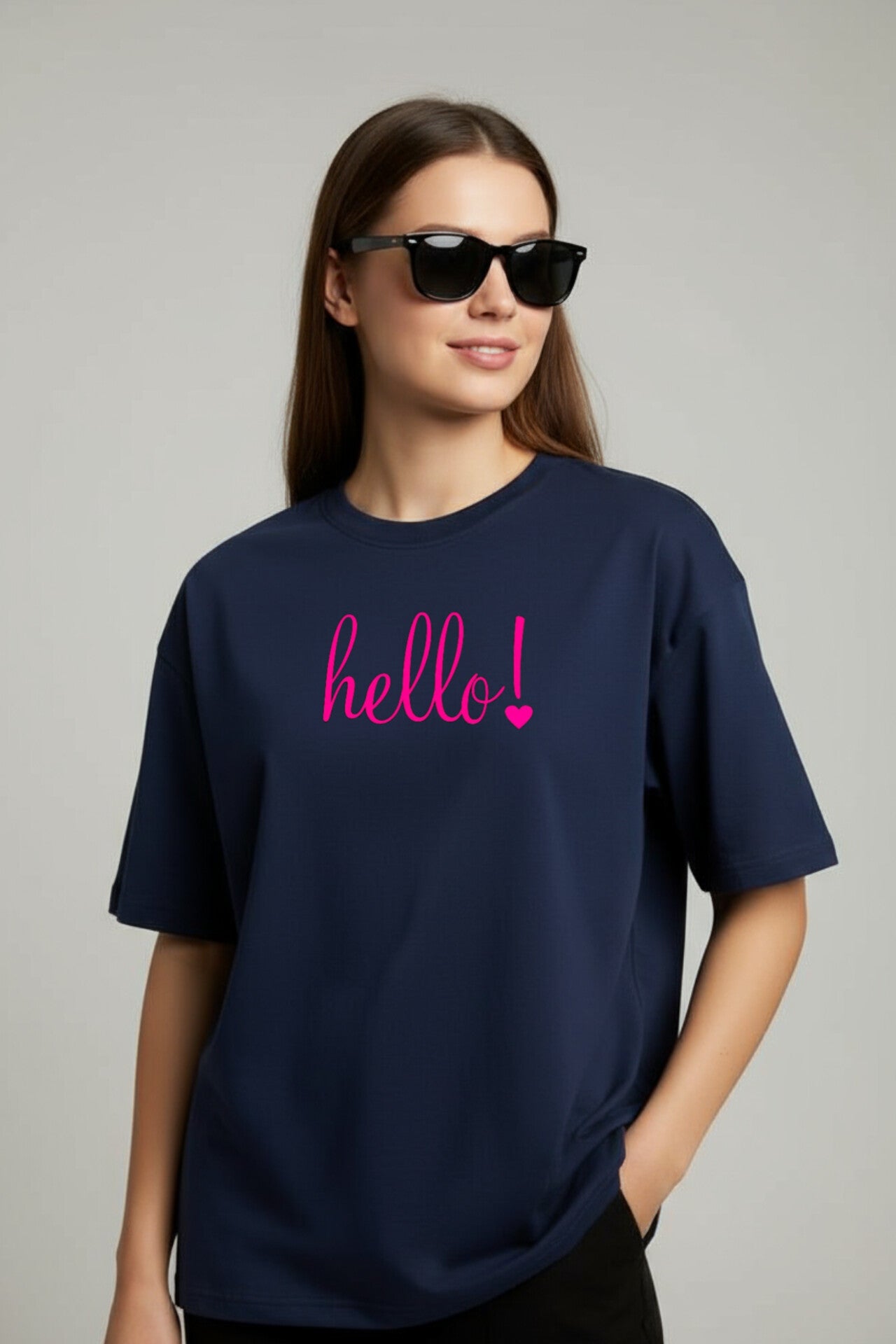 "Hello" Navy Blue Down shoulder Tees
