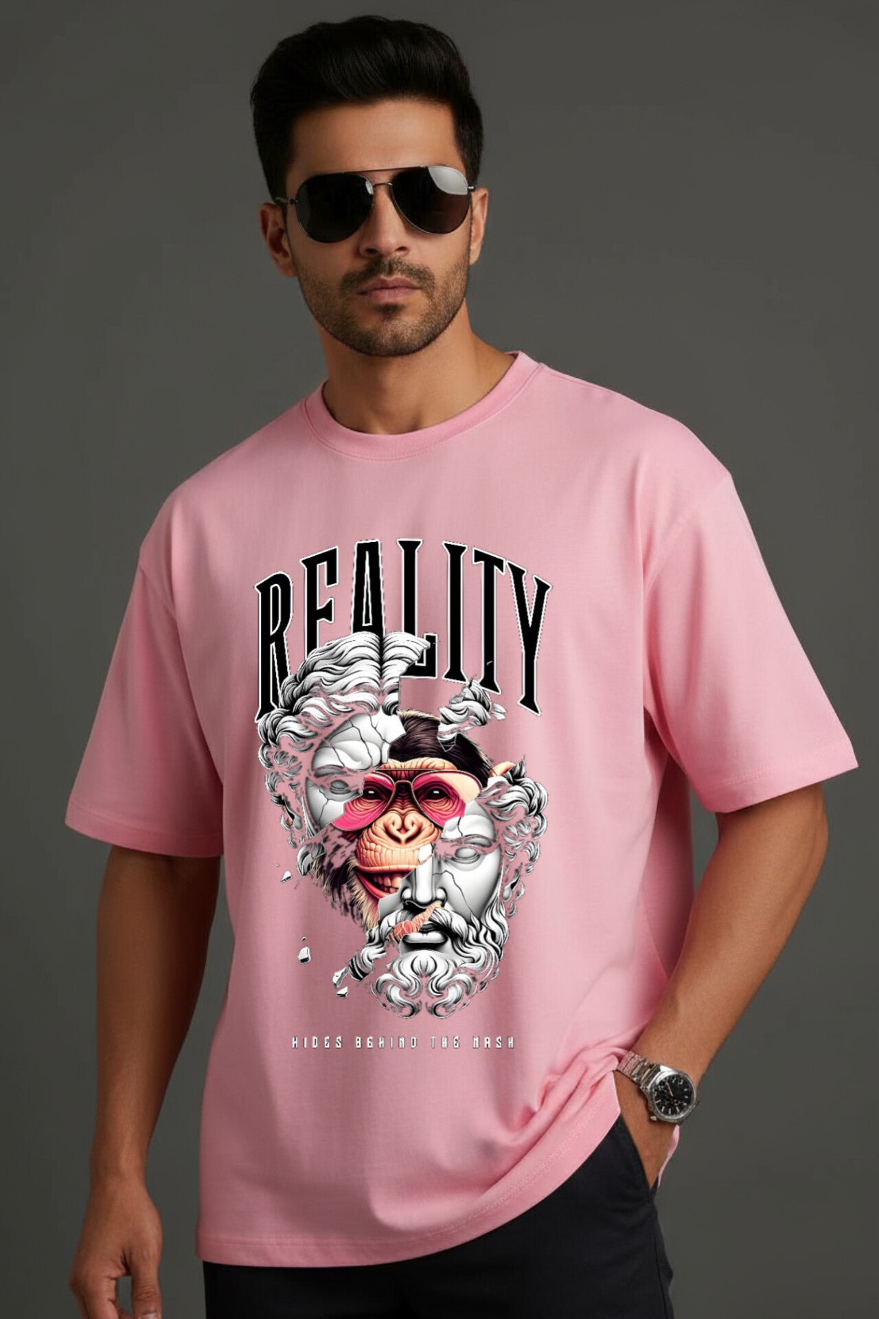 "Reality" Pink Down Shoulder Tees