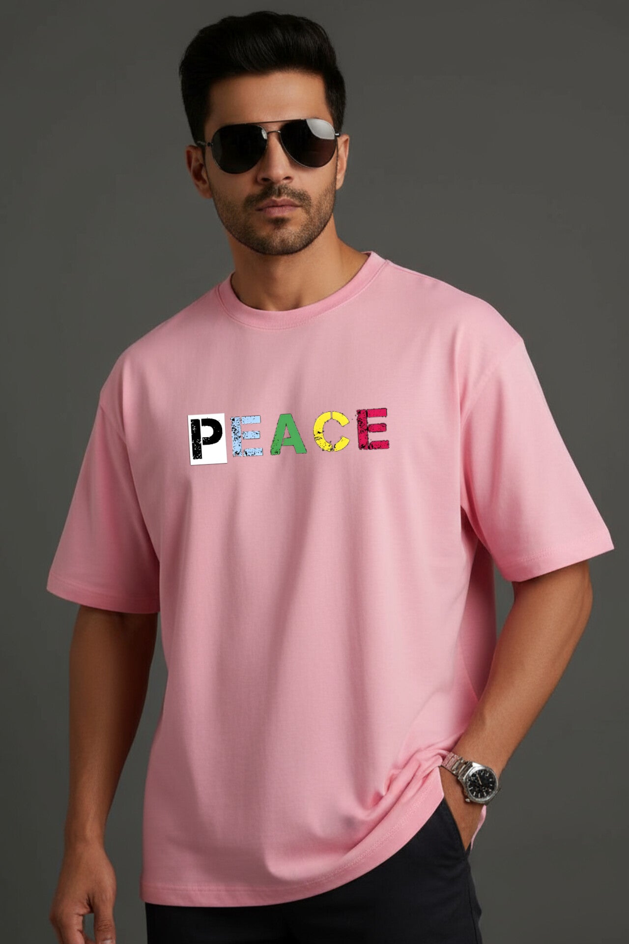 "Peace" Pink Down Shoulder Tees