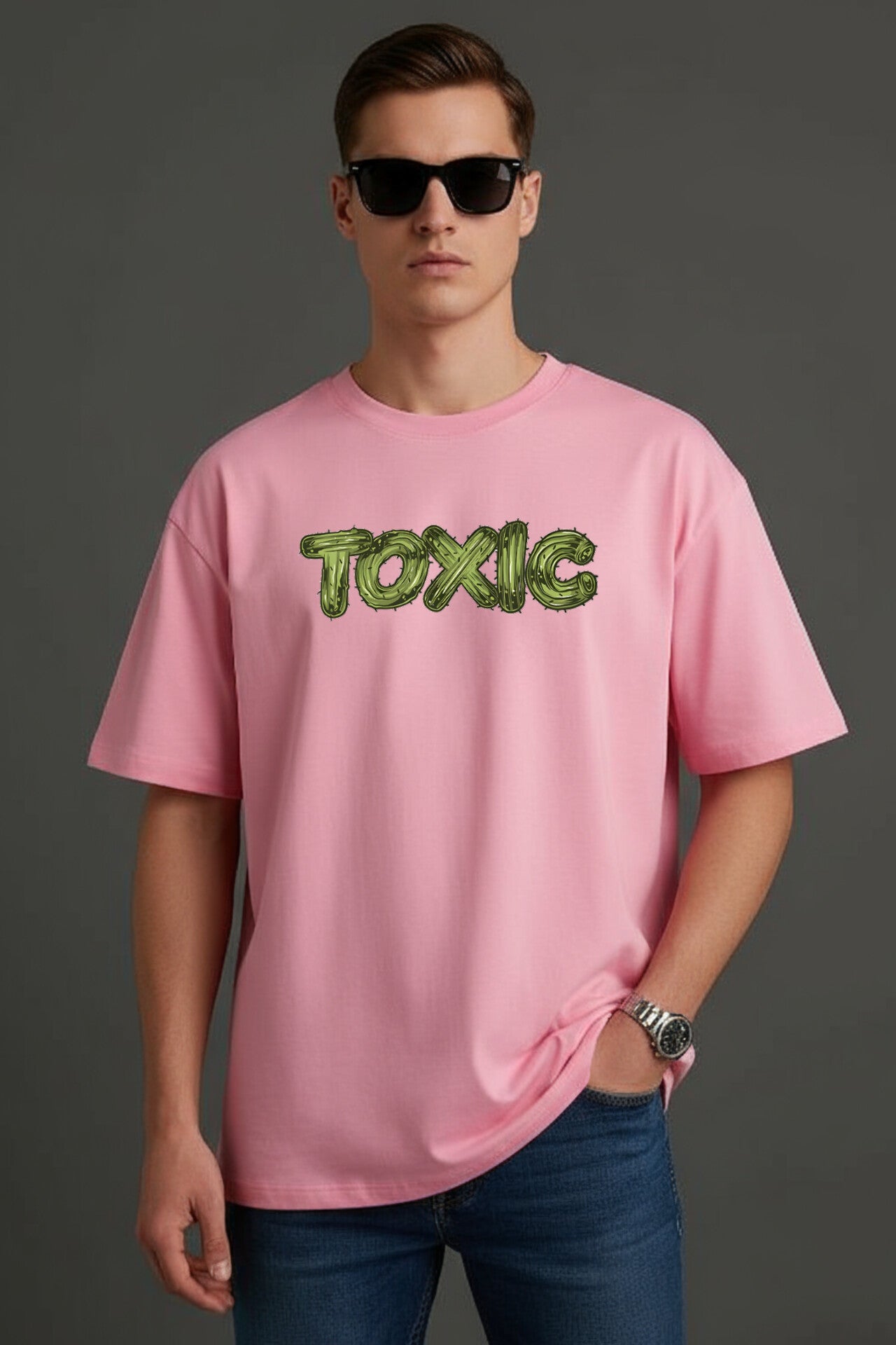 "TOXIC" Pink Down Shoulder Tees